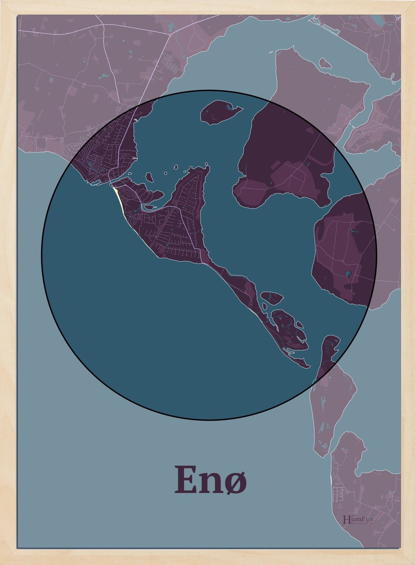 Enø plakat i farve mørk rød og HjemEgn.dk design centrum. Design ø-kort for Enø
