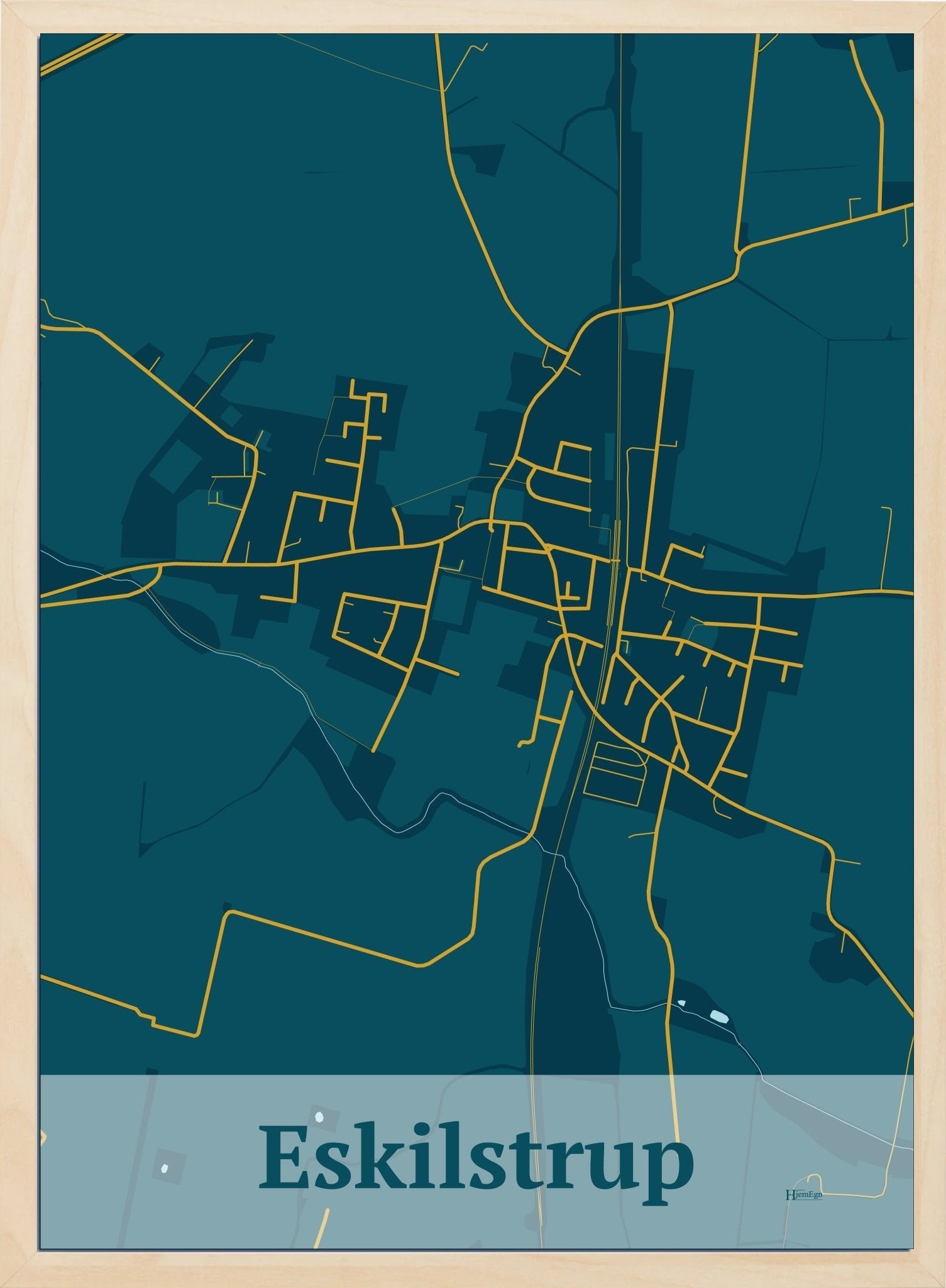 Eskilstrup plakat i farve mørk blå og HjemEgn.dk design firkantet. Design bykort for Eskilstrup