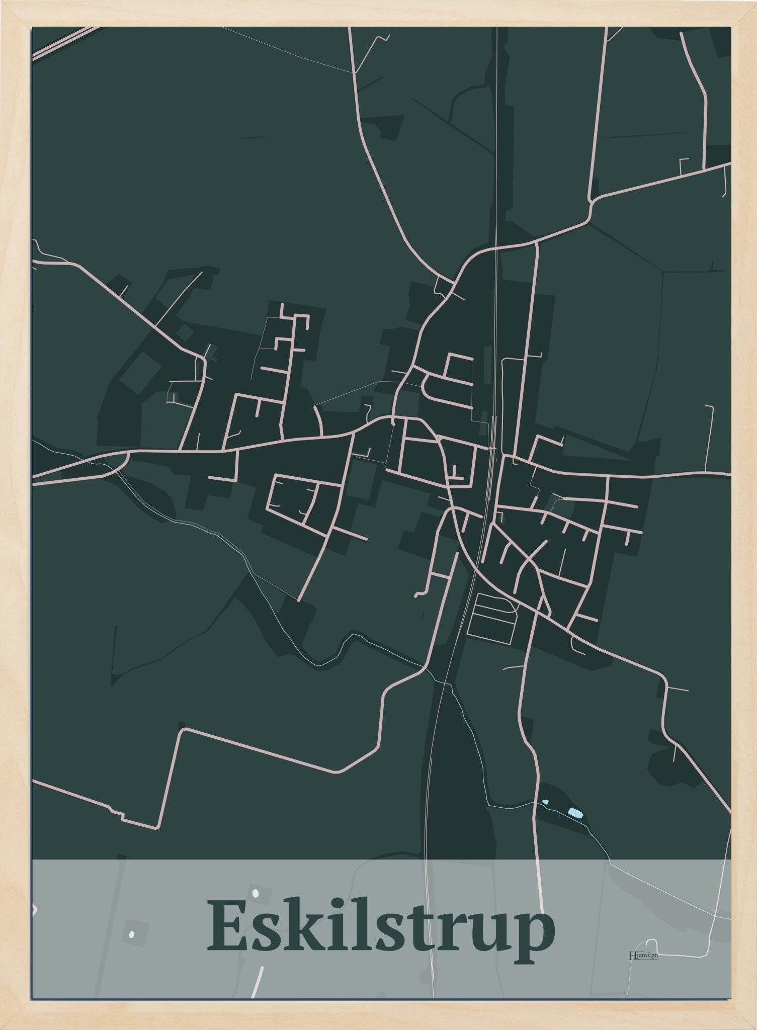 Eskilstrup plakat i farve mørk grøn og HjemEgn.dk design firkantet. Design bykort for Eskilstrup