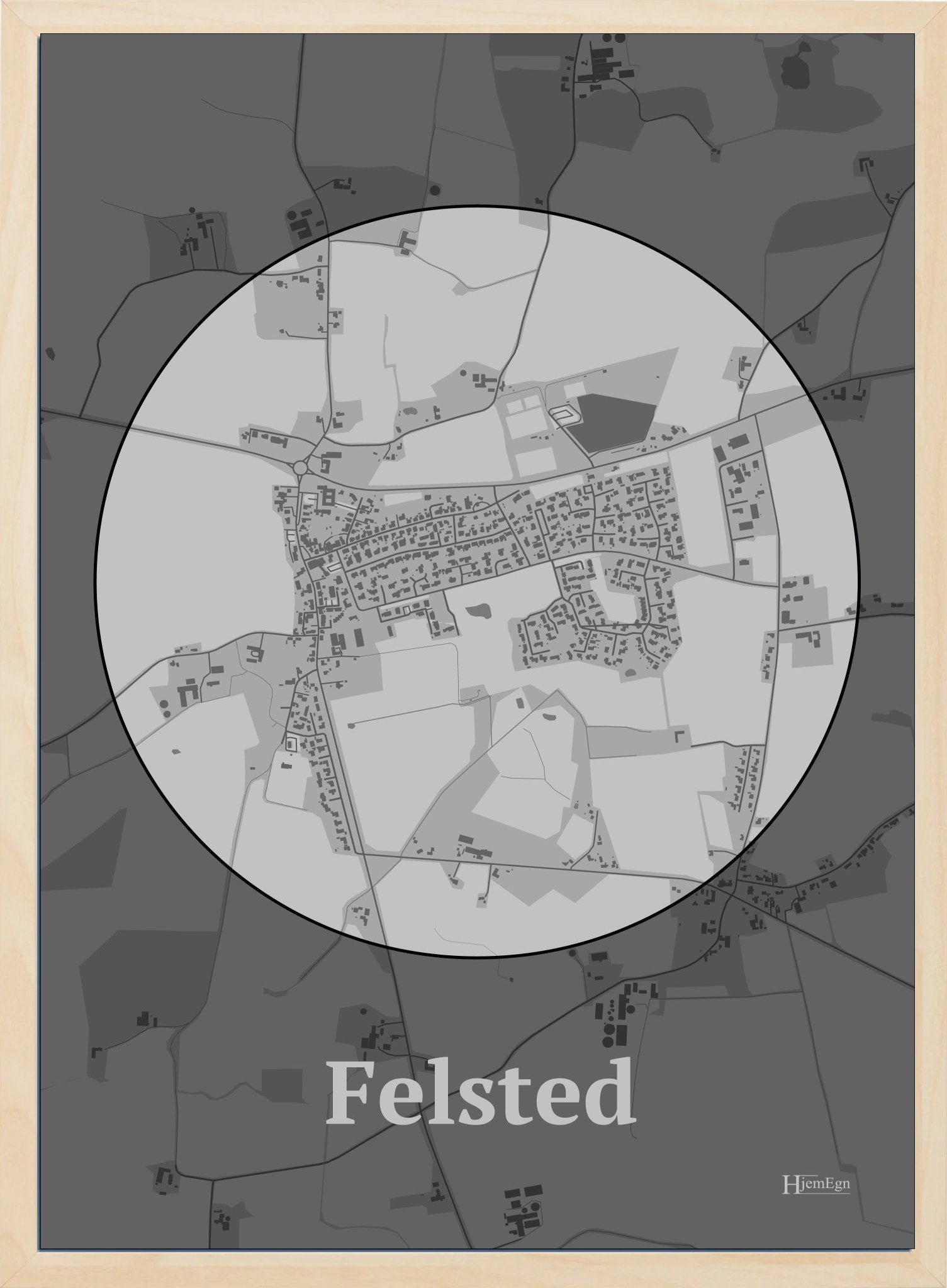 Felsted plakat i farve pastel grå og HjemEgn.dk design centrum. Design bykort for Felsted