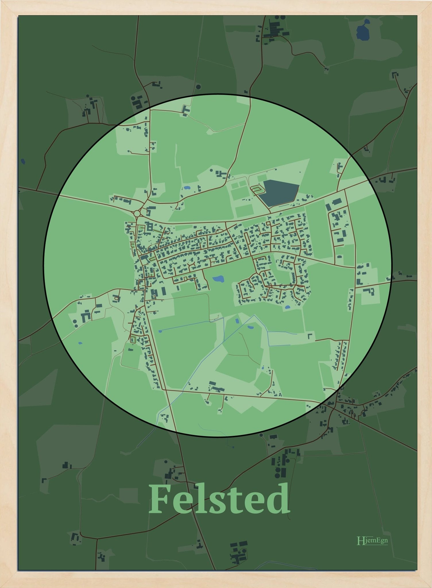 Felsted plakat i farve pastel grøn og HjemEgn.dk design centrum. Design bykort for Felsted