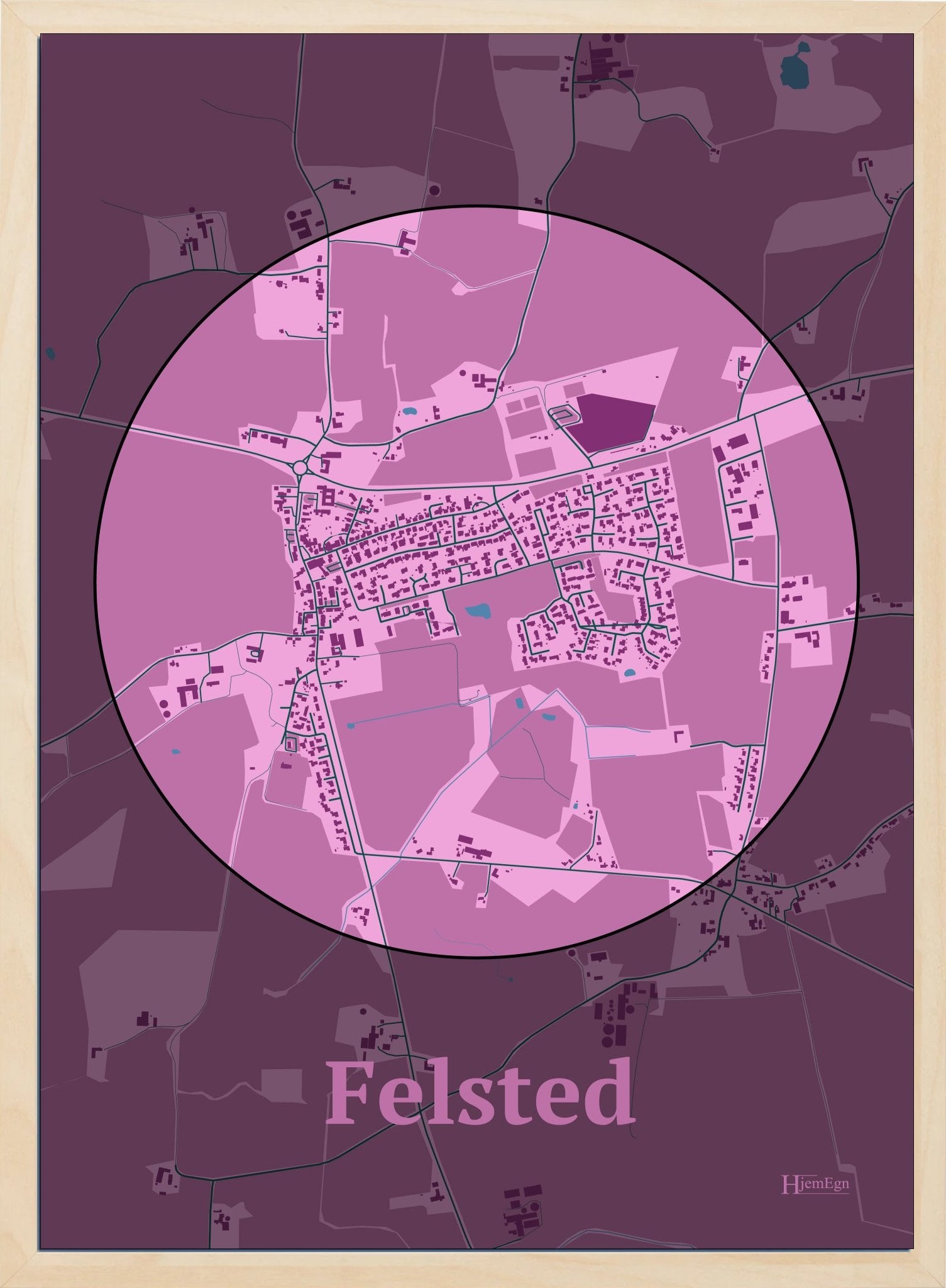 Felsted plakat i farve pastel rød og HjemEgn.dk design centrum. Design bykort for Felsted