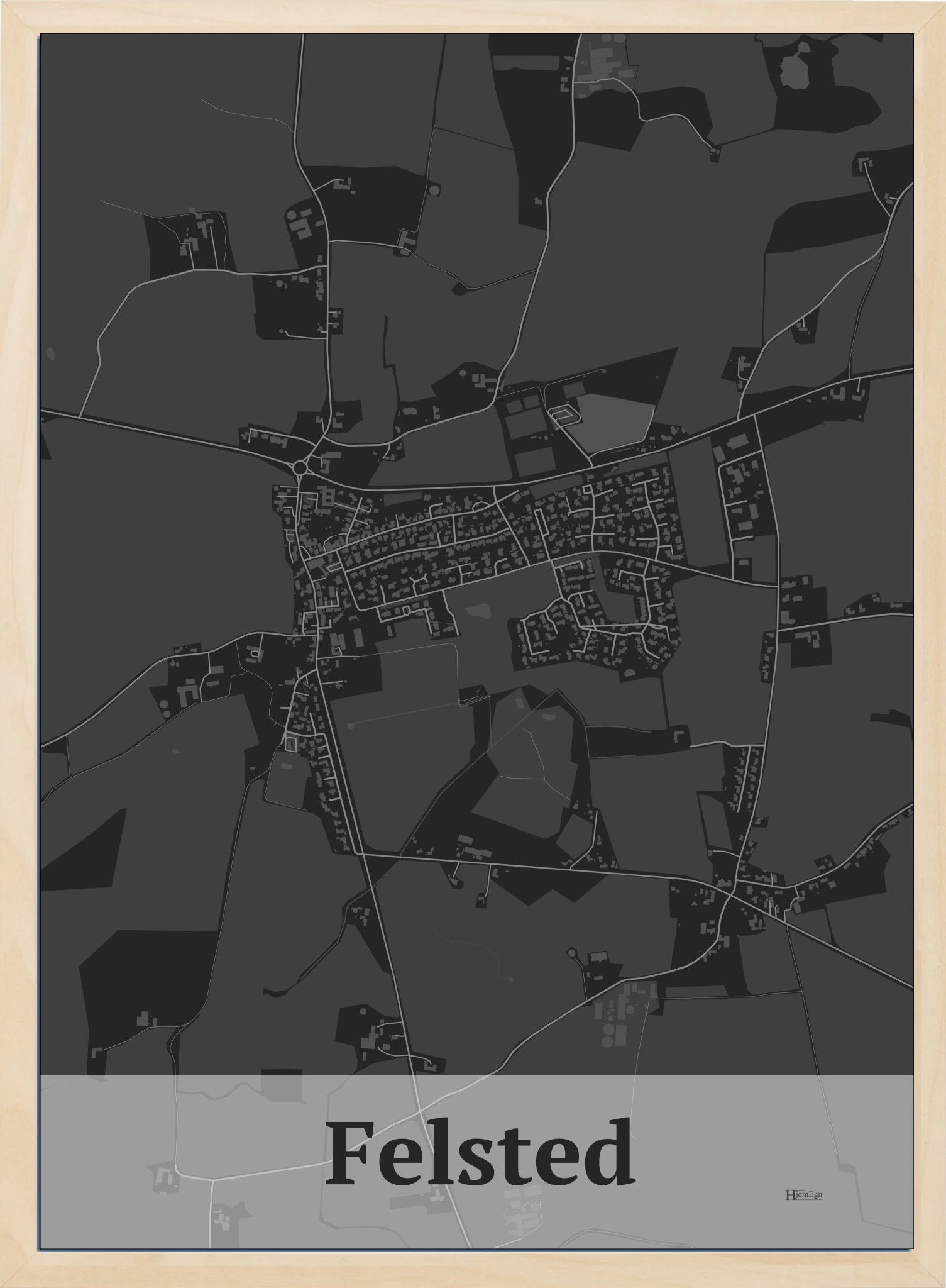 Felsted plakat i  mørk grå og HjemEgn.dk design firkantet. Design bykort for Felsted