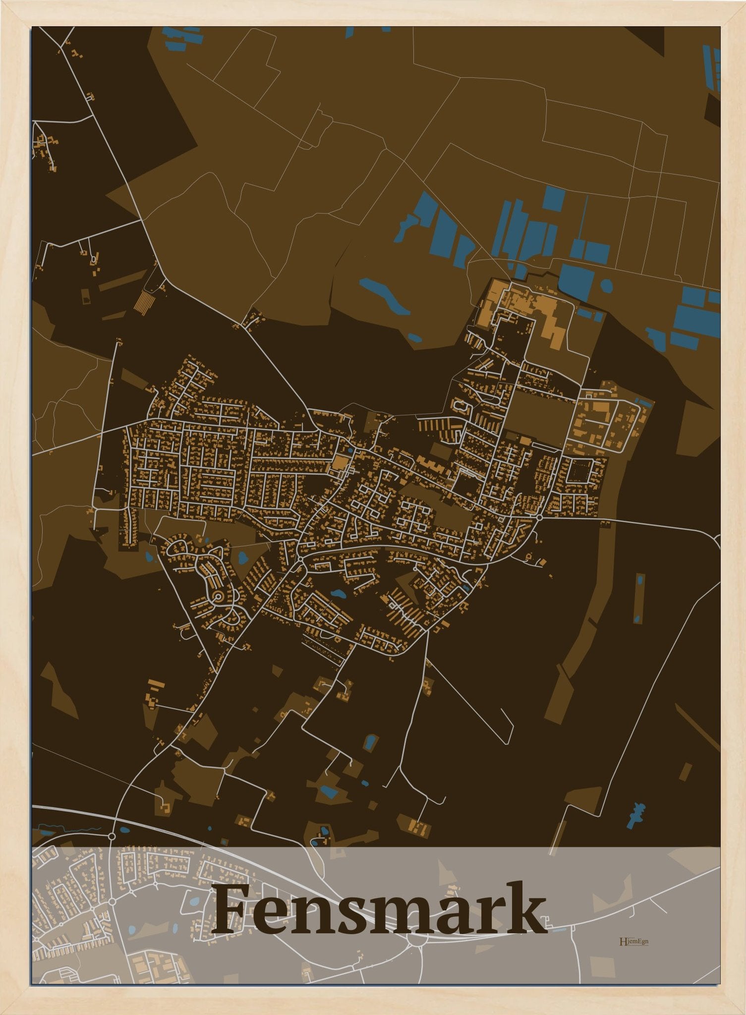 Fensmark plakat i farve mørk brun og HjemEgn.dk design firkantet. Design bykort for Fensmark