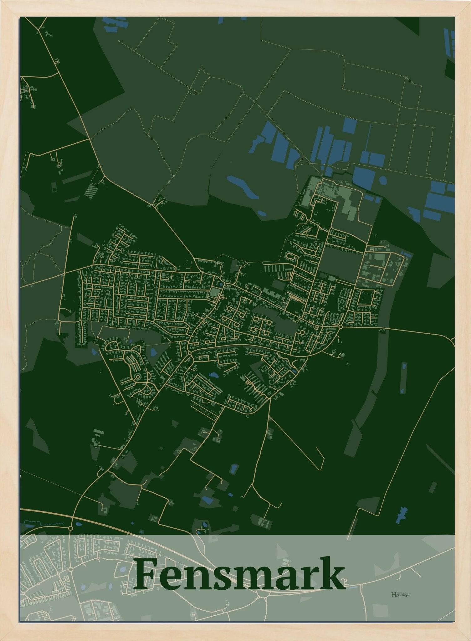 Fensmark plakat i farve mørk grøn og HjemEgn.dk design firkantet. Design bykort for Fensmark