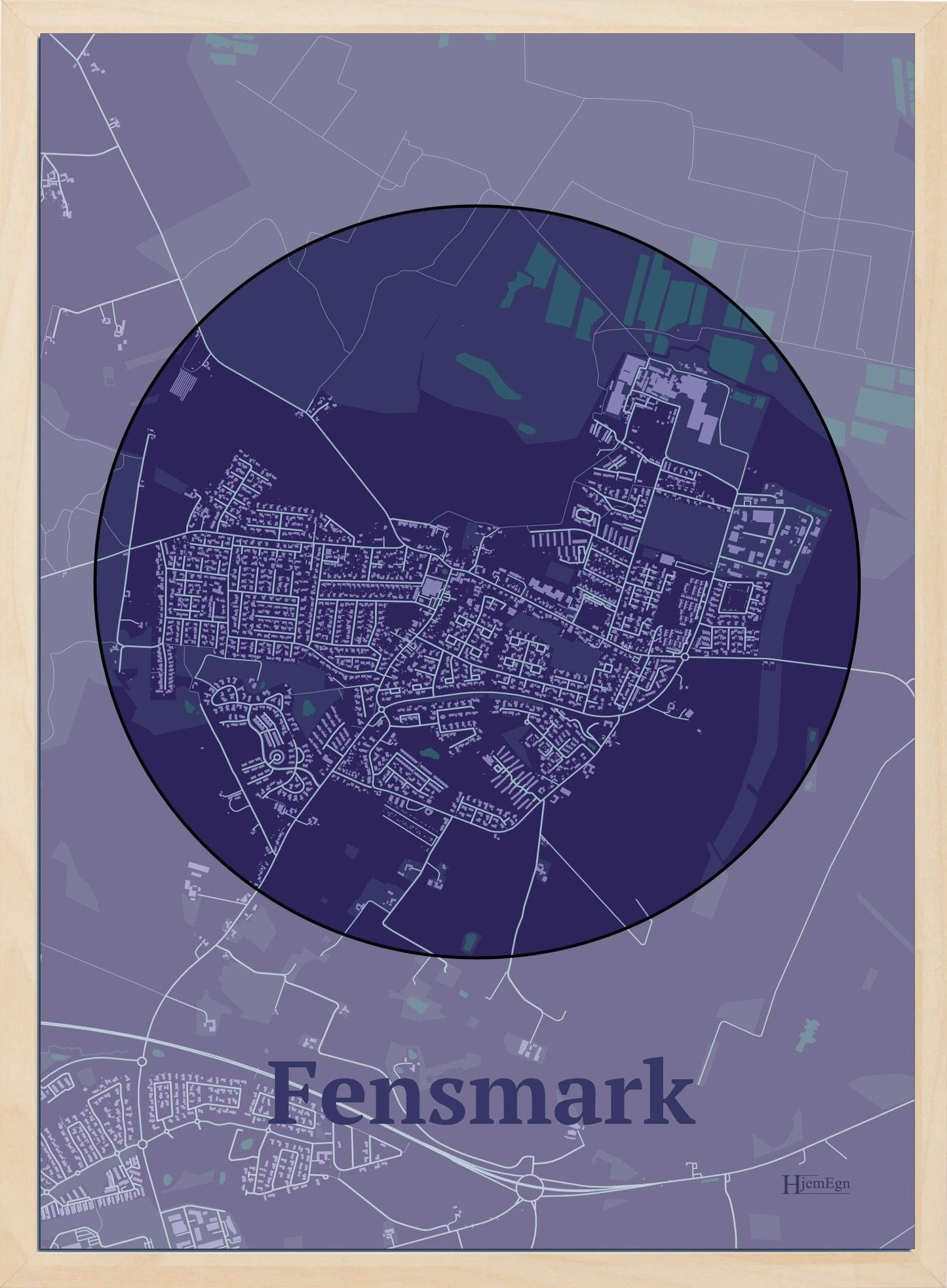 Fensmark plakat i farve mørk lilla og HjemEgn.dk design centrum. Design bykort for Fensmark