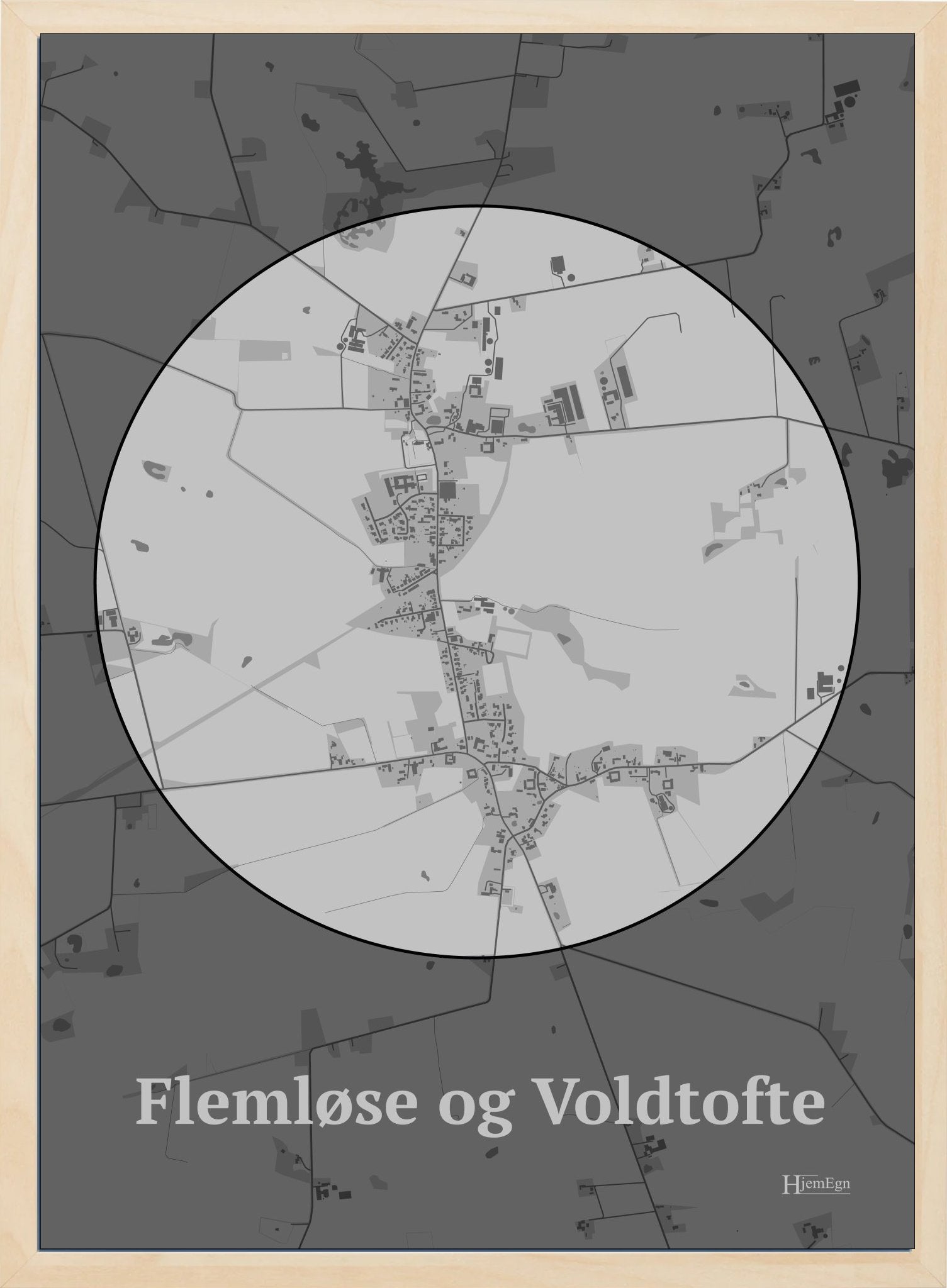 Flemløse & Voldtofte plakat i farve pastel grå og HjemEgn.dk design centrum. Design bykort for Flemløse & Voldtofte