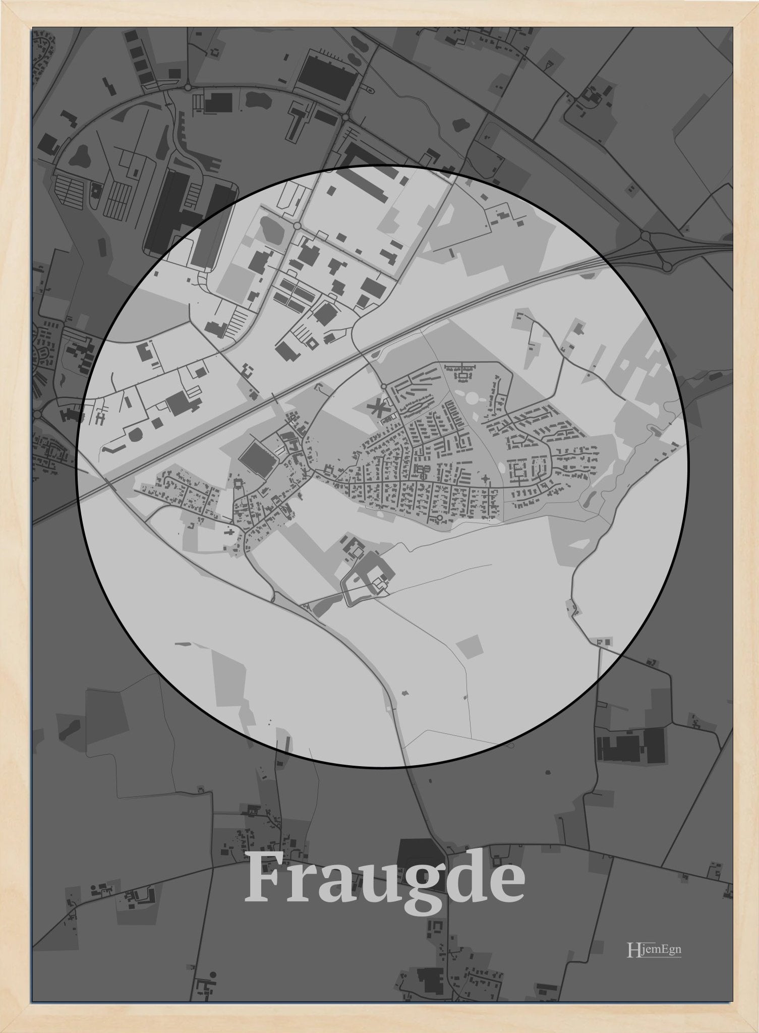Fraugde plakat i farve pastel grå og HjemEgn.dk design centrum. Design bykort for Fraugde