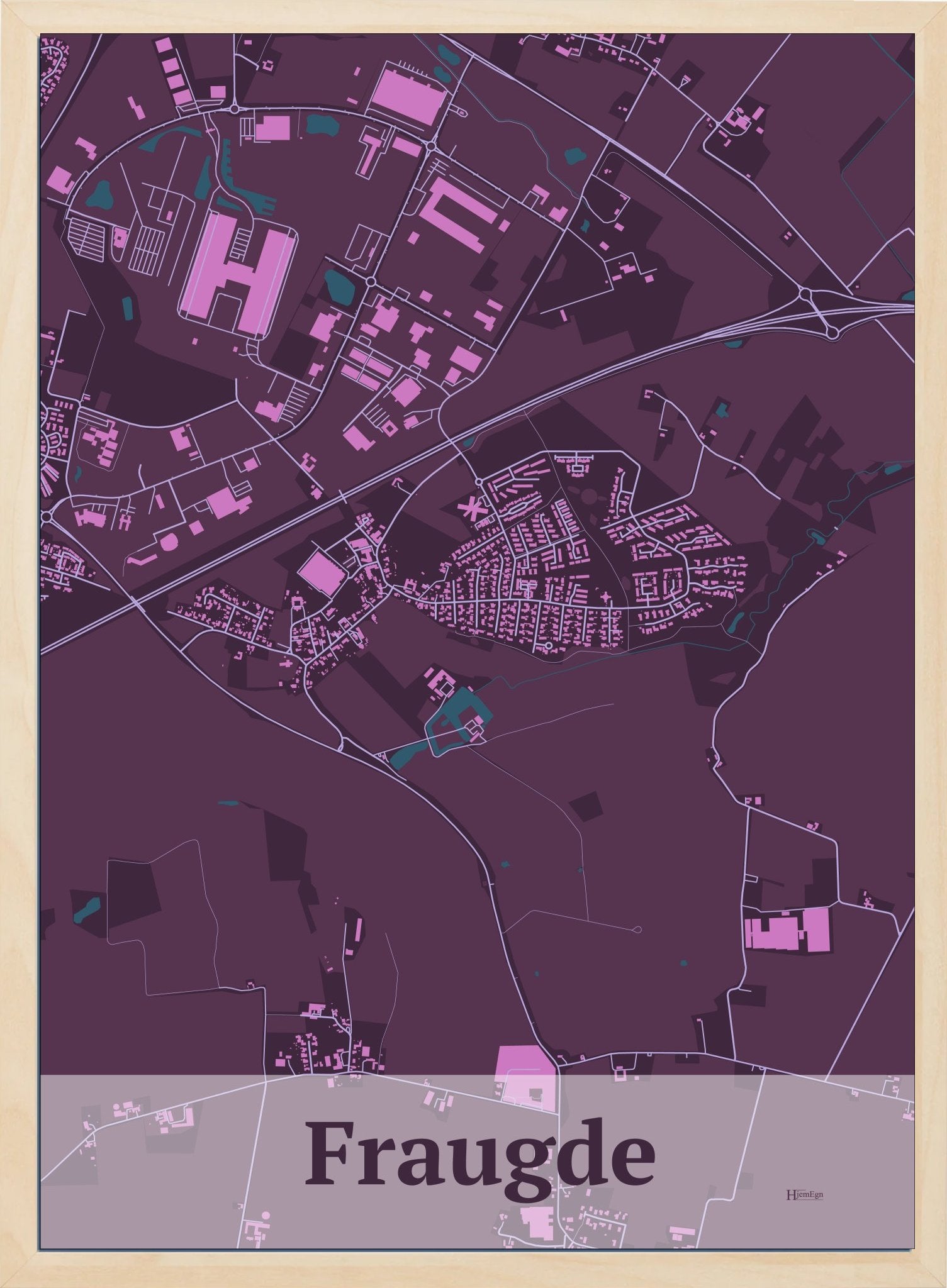 Fraugde plakat i farve mørk rød og HjemEgn.dk design firkantet. Design bykort for Fraugde