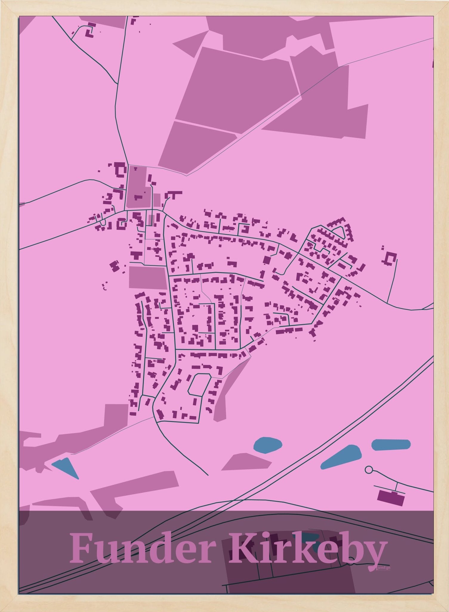 Funder Kirkeby plakat i farve pastel rød og HjemEgn.dk design firkantet. Design bykort for Funder Kirkeby