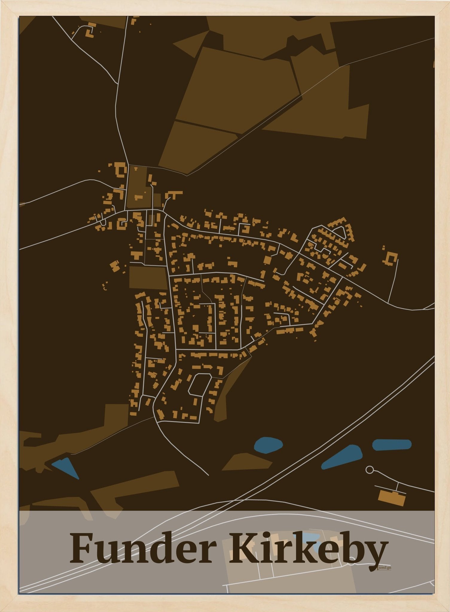 Funder Kirkeby plakat i farve mørk brun og HjemEgn.dk design firkantet. Design bykort for Funder Kirkeby