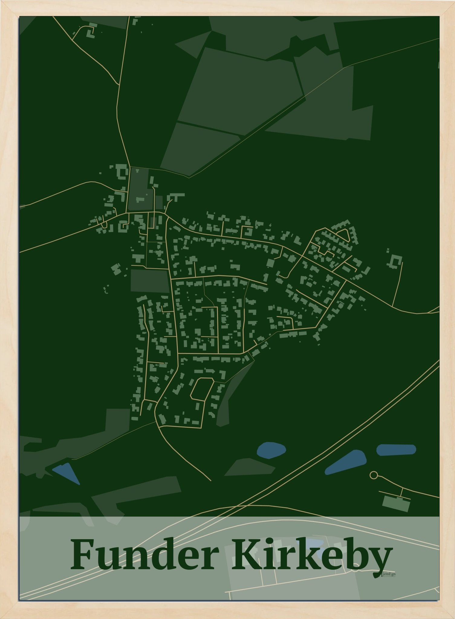 Funder Kirkeby plakat i farve mørk grøn og HjemEgn.dk design firkantet. Design bykort for Funder Kirkeby
