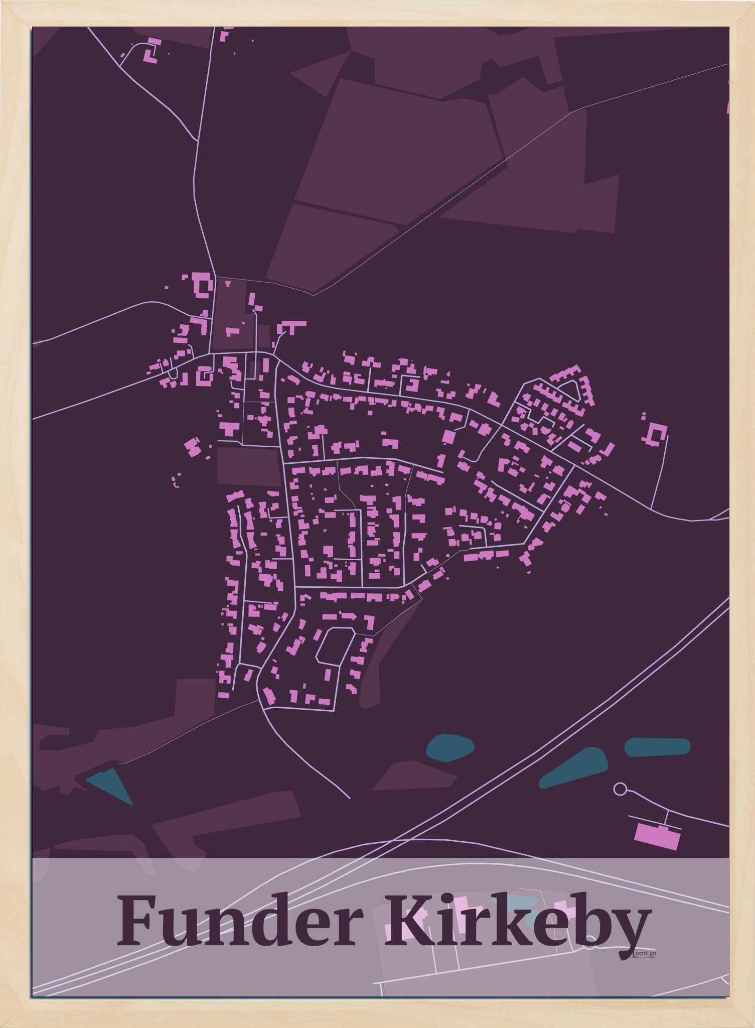 Funder Kirkeby plakat i farve mørk rød og HjemEgn.dk design firkantet. Design bykort for Funder Kirkeby