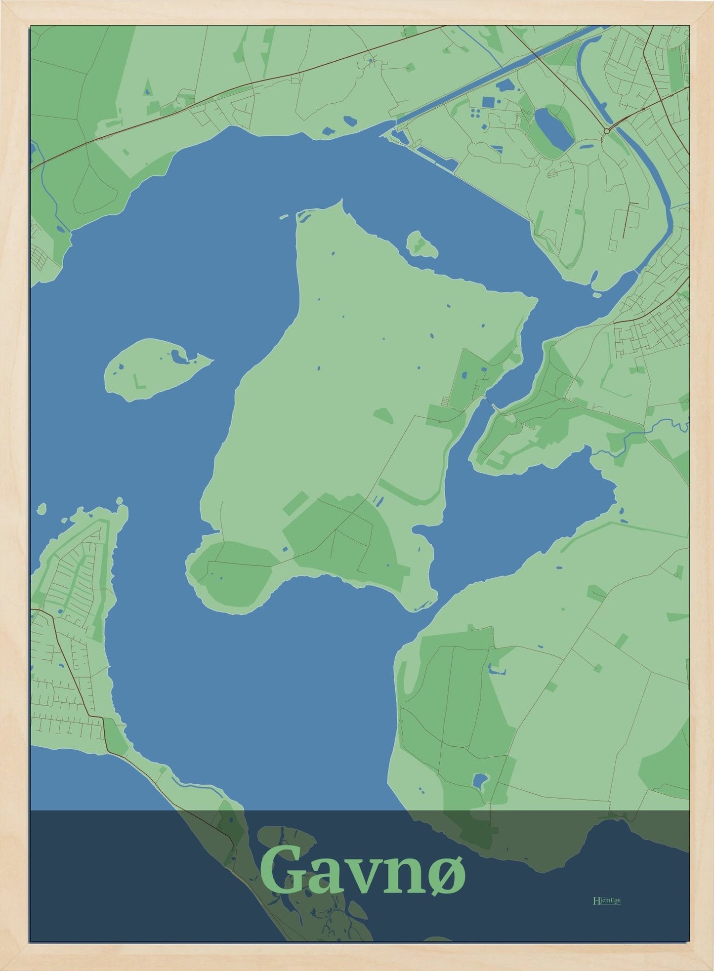 Gavnø plakat i farve pastel grøn og HjemEgn.dk design firkantet. Design ø-kort for Gavnø