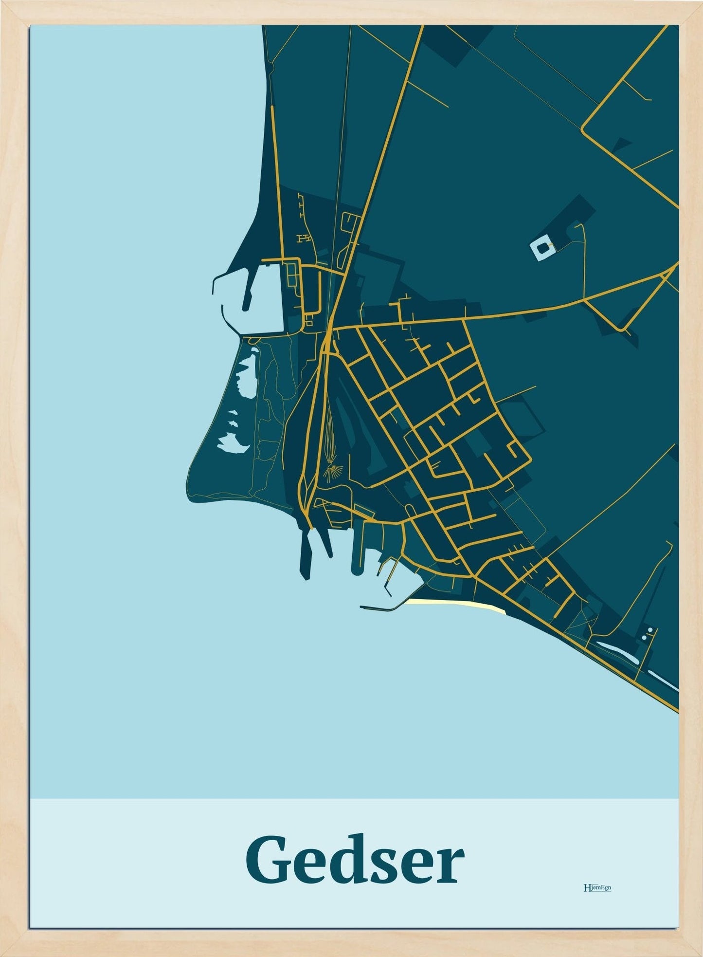 Gedser plakat i farve mørk blå og HjemEgn.dk design firkantet. Design bykort for Gedser