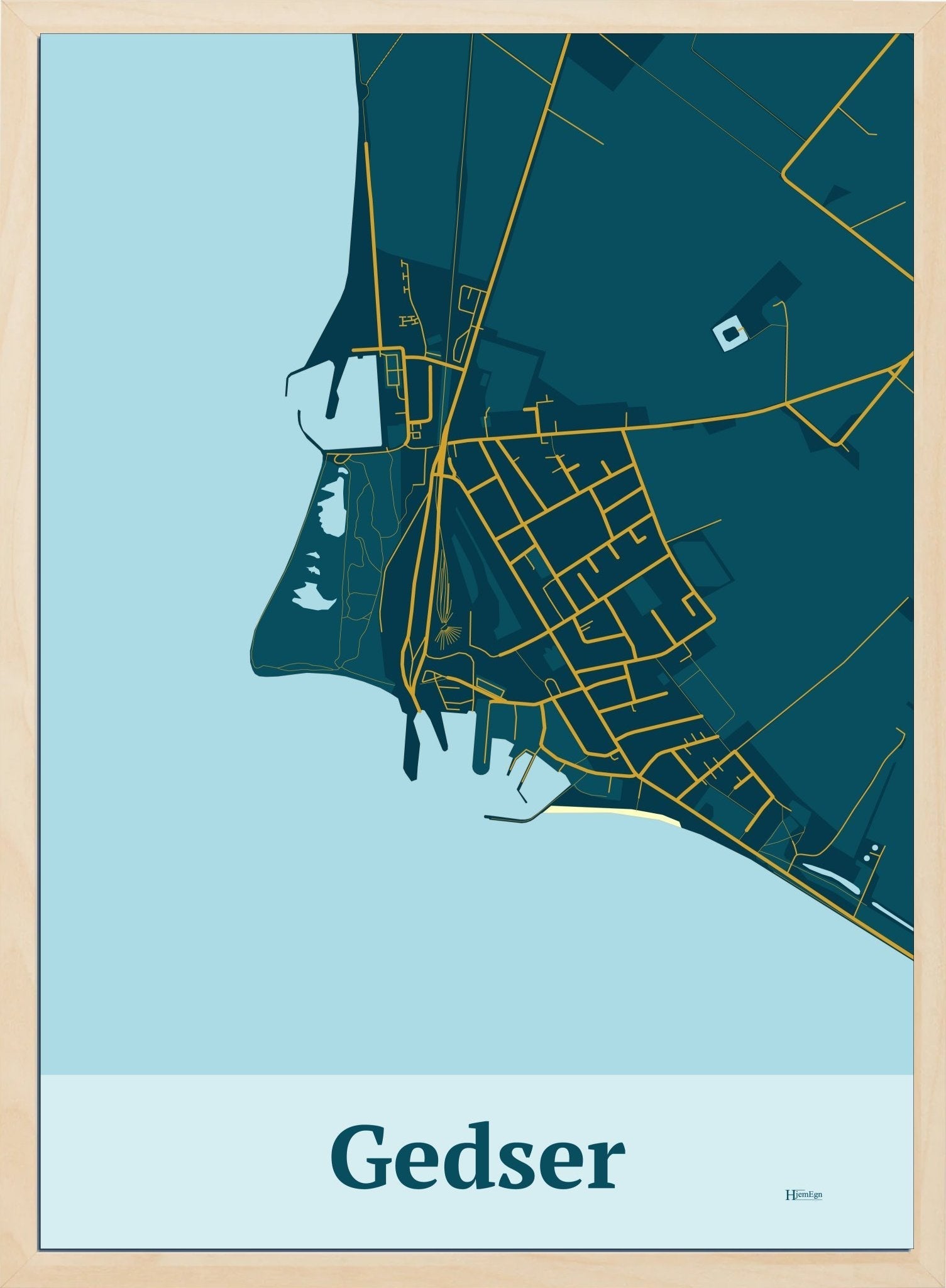 Gedser plakat i farve mørk blå og HjemEgn.dk design firkantet. Design bykort for Gedser