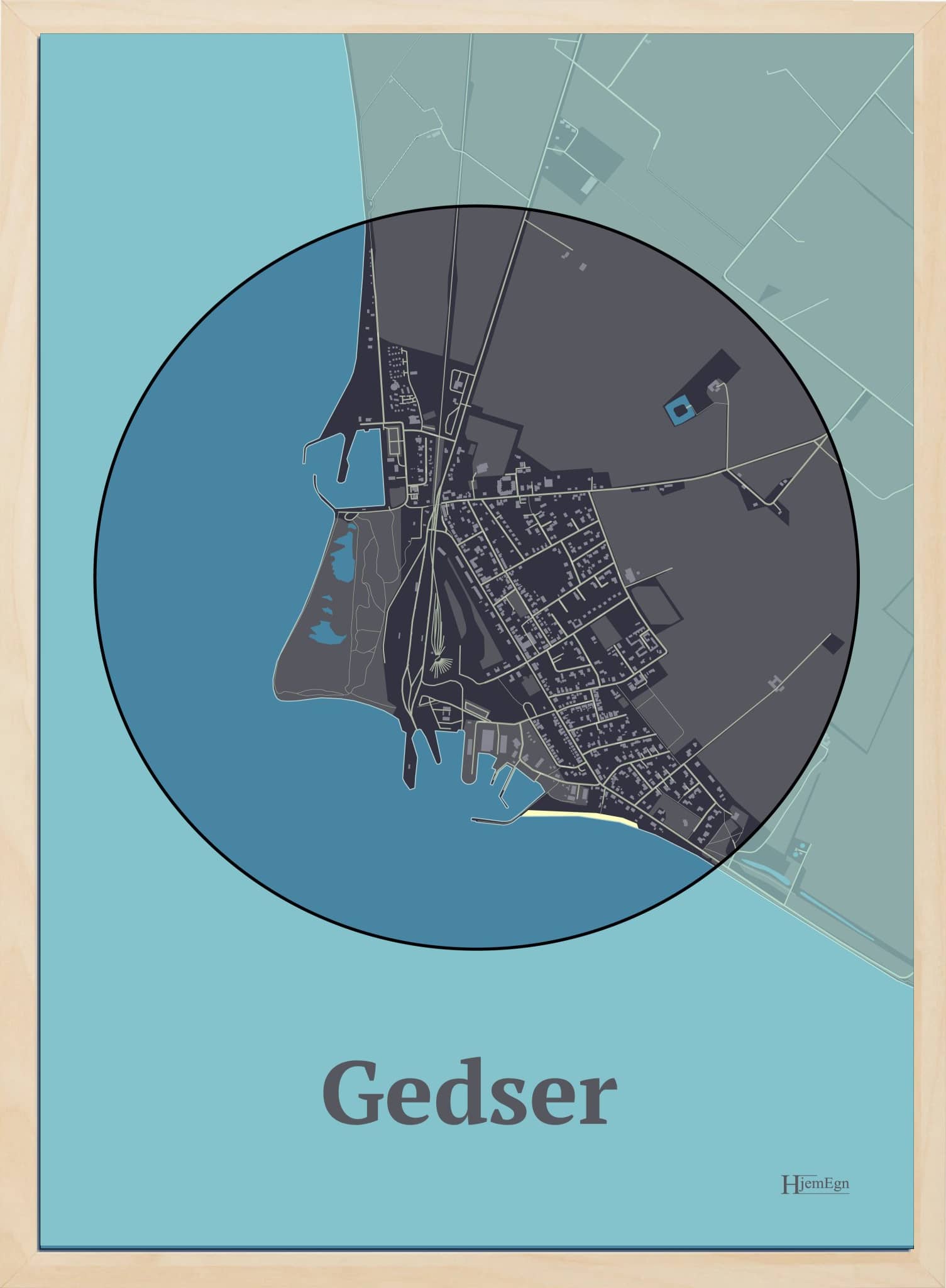 Gedser plakat i farve mørk brun og HjemEgn.dk design centrum. Design bykort for Gedser