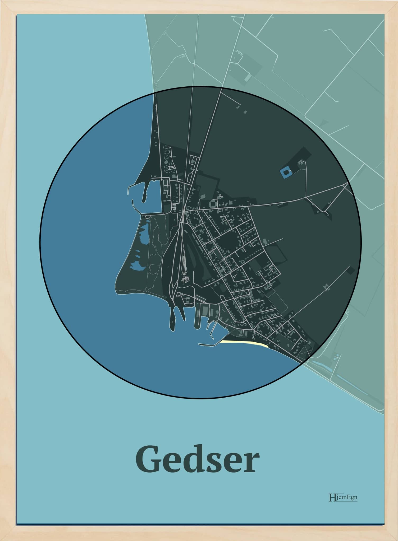 Gedser plakat i farve mørk grøn og HjemEgn.dk design centrum. Design bykort for Gedser
