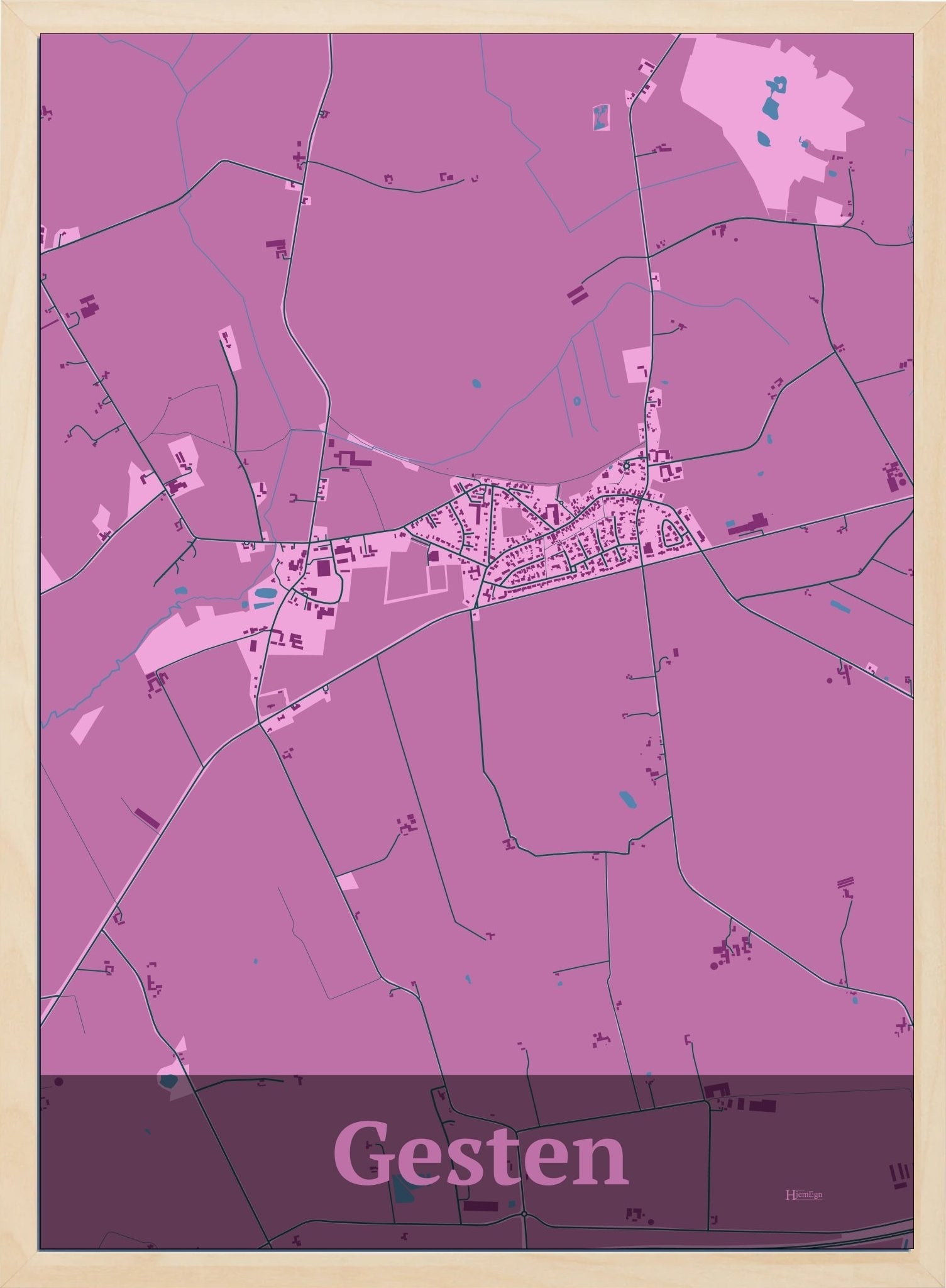 Gesten plakat i farve pastel rød og HjemEgn.dk design firkantet. Design bykort for Gesten