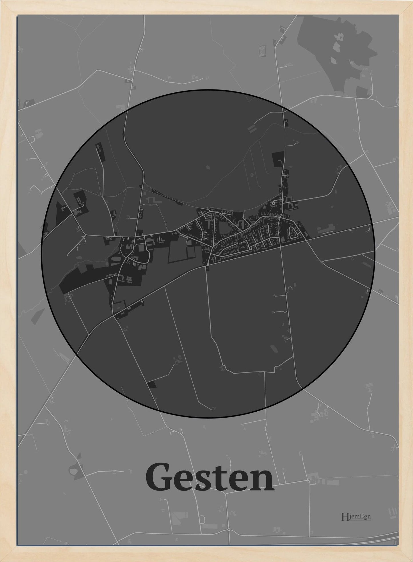 Gesten plakat i farve mørk grå og HjemEgn.dk design centrum. Design bykort for Gesten