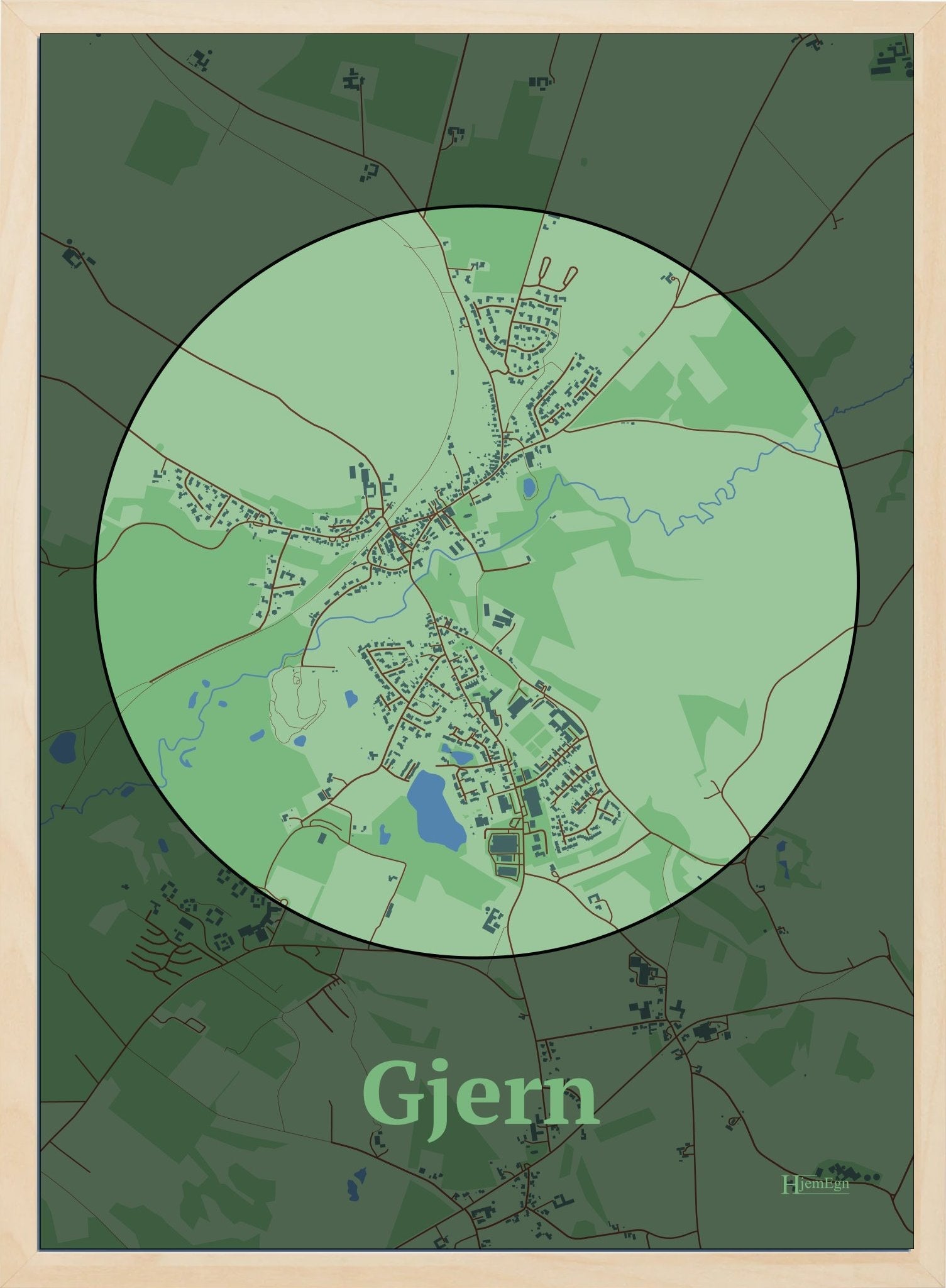 Gjern plakat i farve pastel grøn og HjemEgn.dk design centrum. Design bykort for Gjern