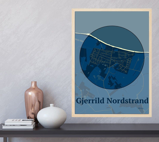 Gjerrild Nordstrand plakat i farve  og HjemEgn.dk design centrum. Design bykort for Gjerrild Nordstrand