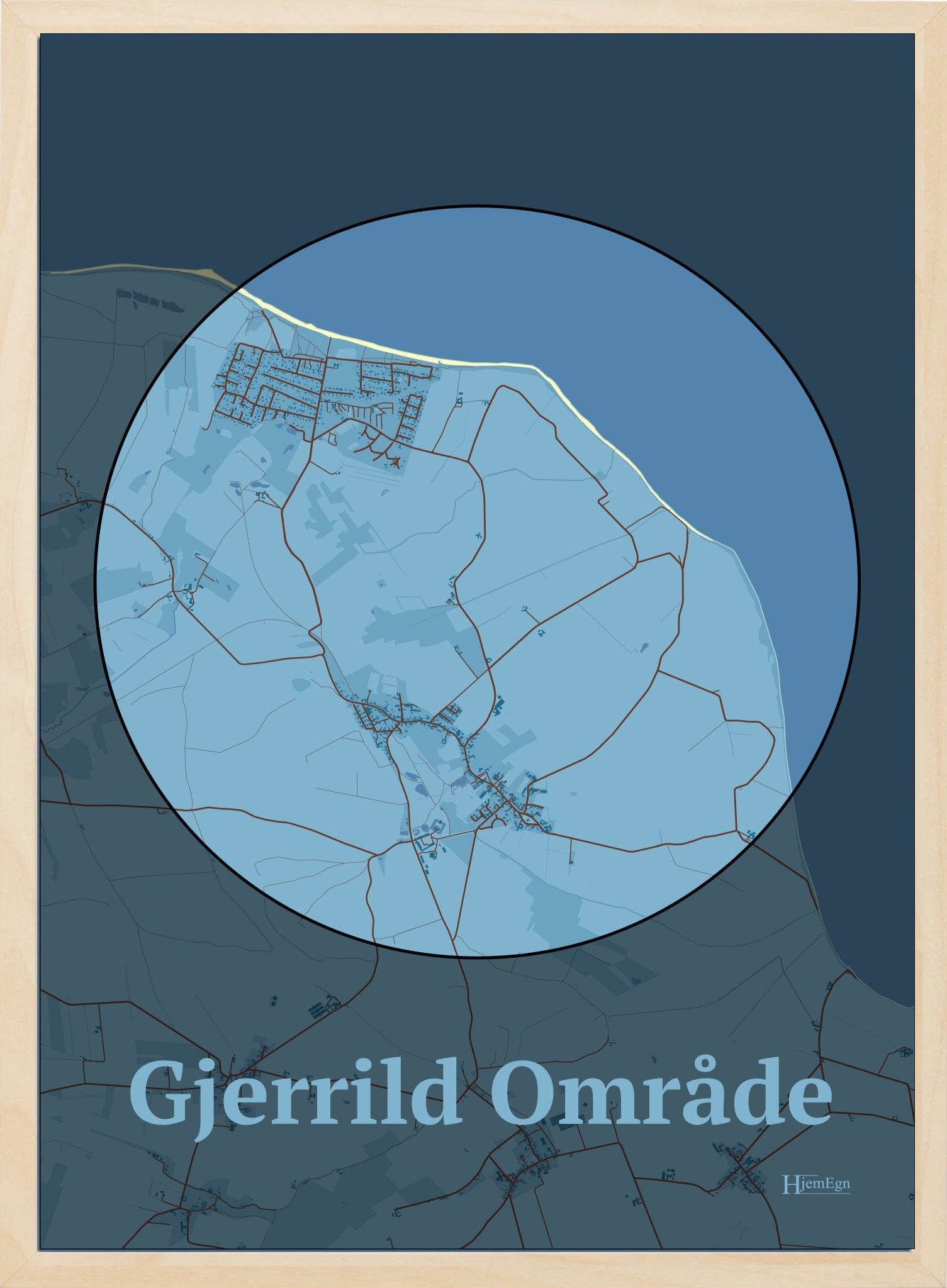 Gjerrild Område plakat i farve pastel blå og HjemEgn.dk design centrum. Design bykort for Gjerrild Område
