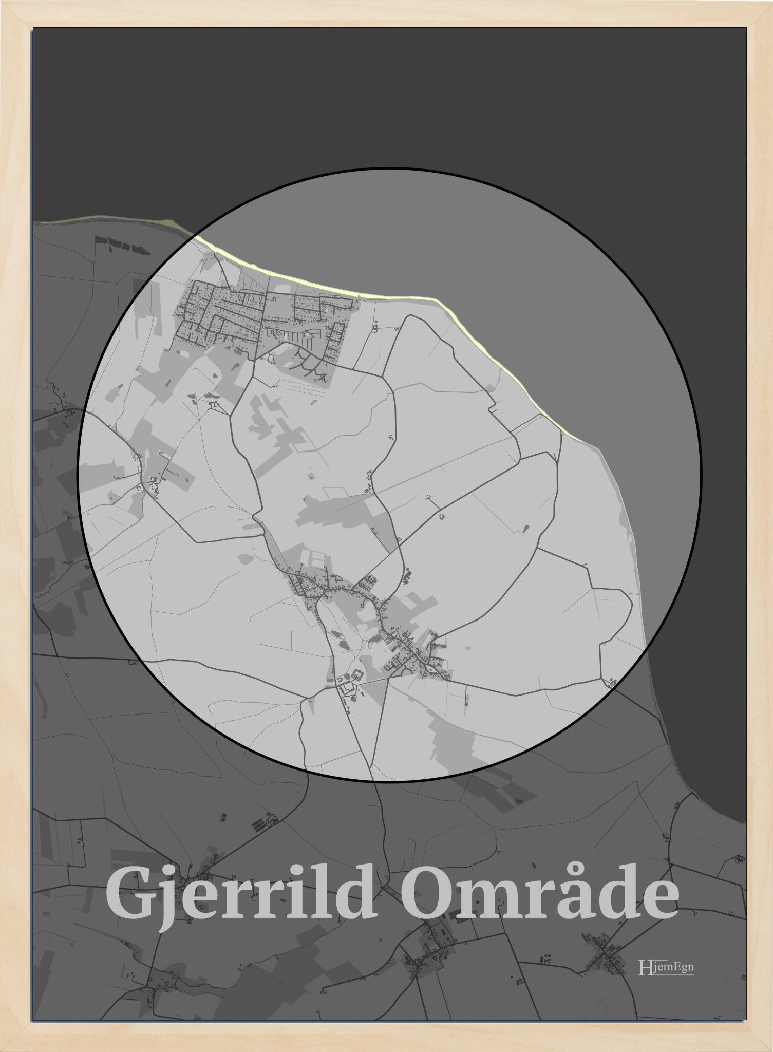 Gjerrild Område plakat i farve pastel grå og HjemEgn.dk design centrum. Design bykort for Gjerrild Område