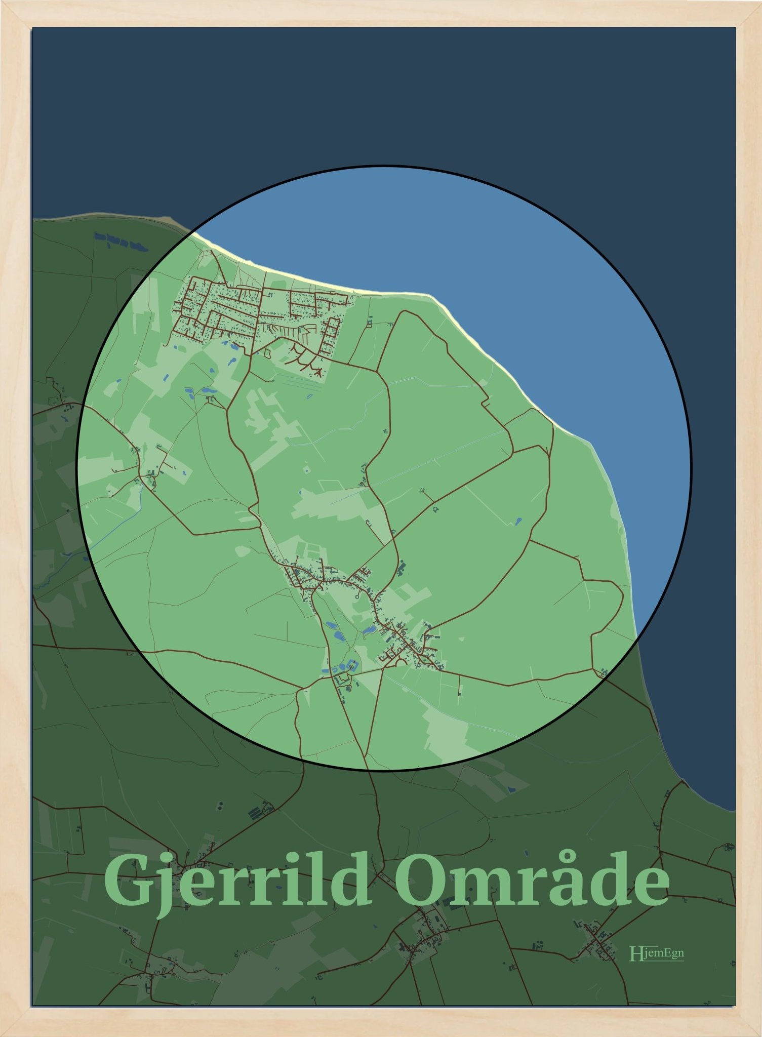 Gjerrild Område plakat i farve pastel grøn og HjemEgn.dk design centrum. Design bykort for Gjerrild Område
