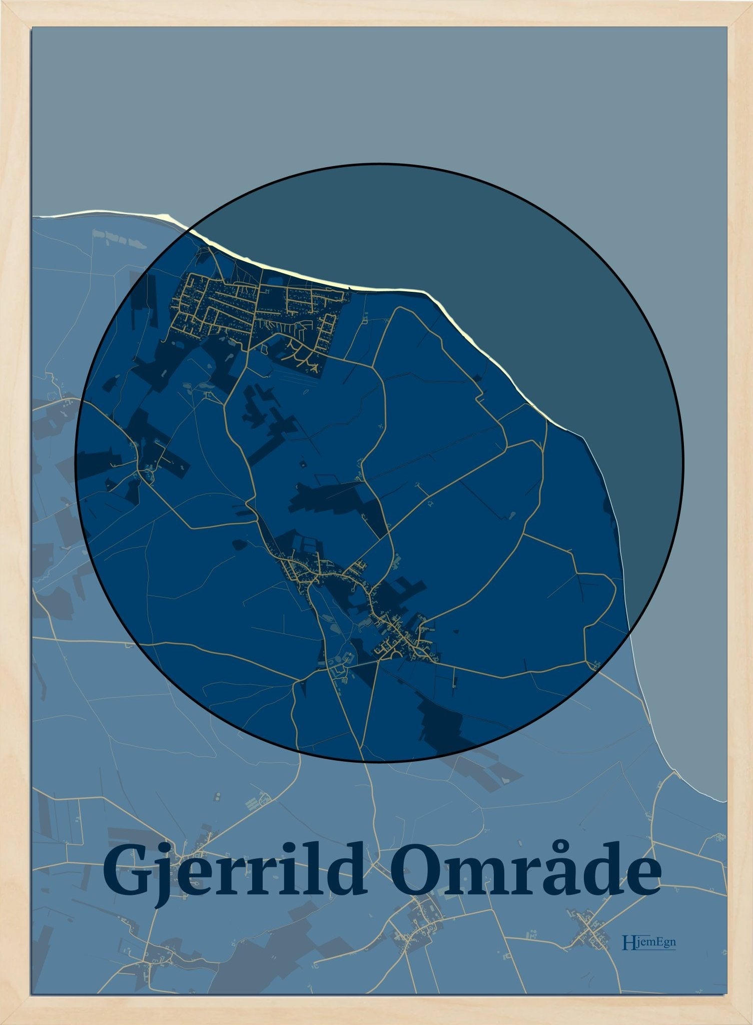 Gjerrild Område plakat i farve mørk blå og HjemEgn.dk design centrum. Design bykort for Gjerrild Område