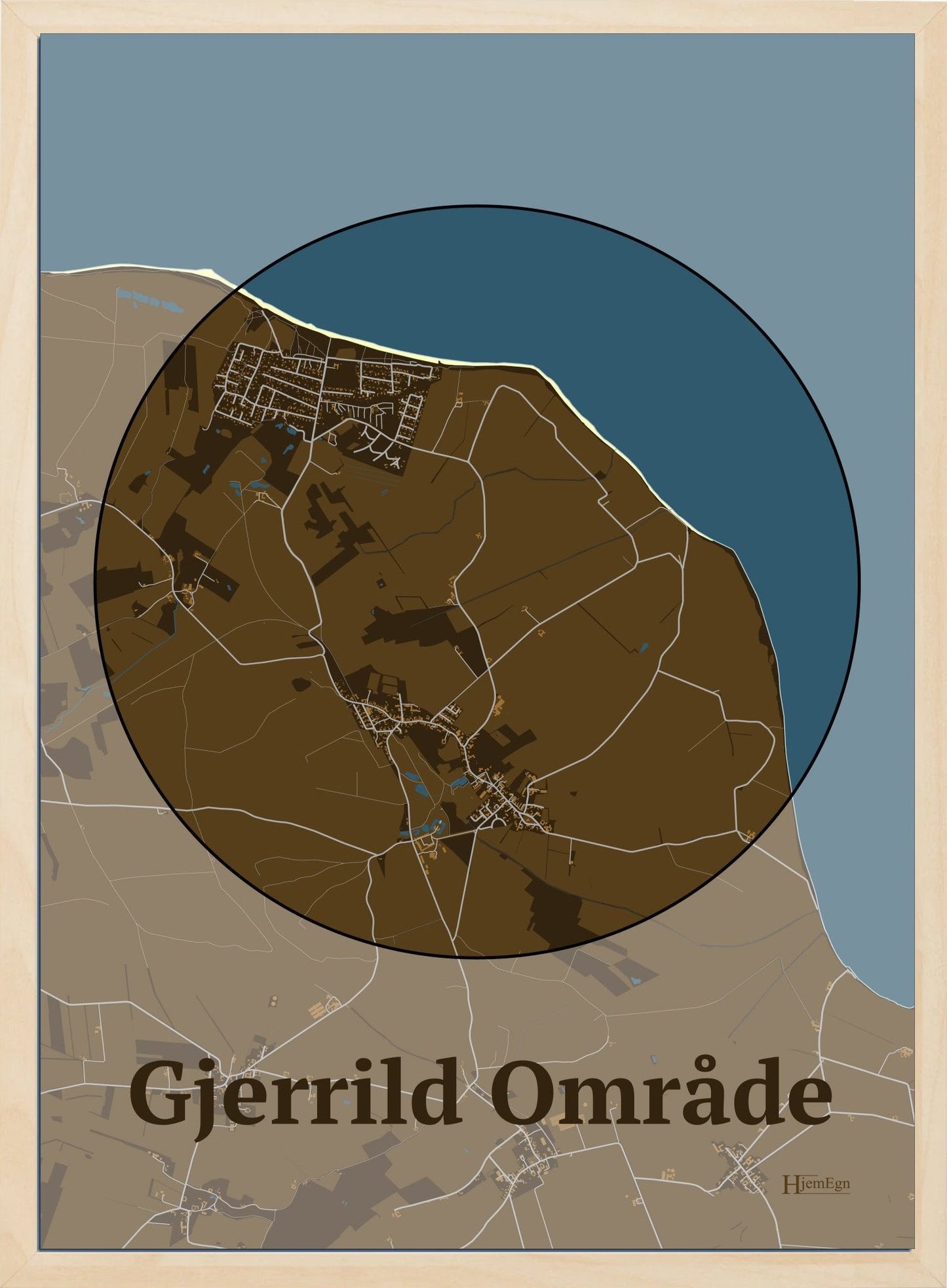 Gjerrild Område plakat i farve mørk brun og HjemEgn.dk design centrum. Design bykort for Gjerrild Område