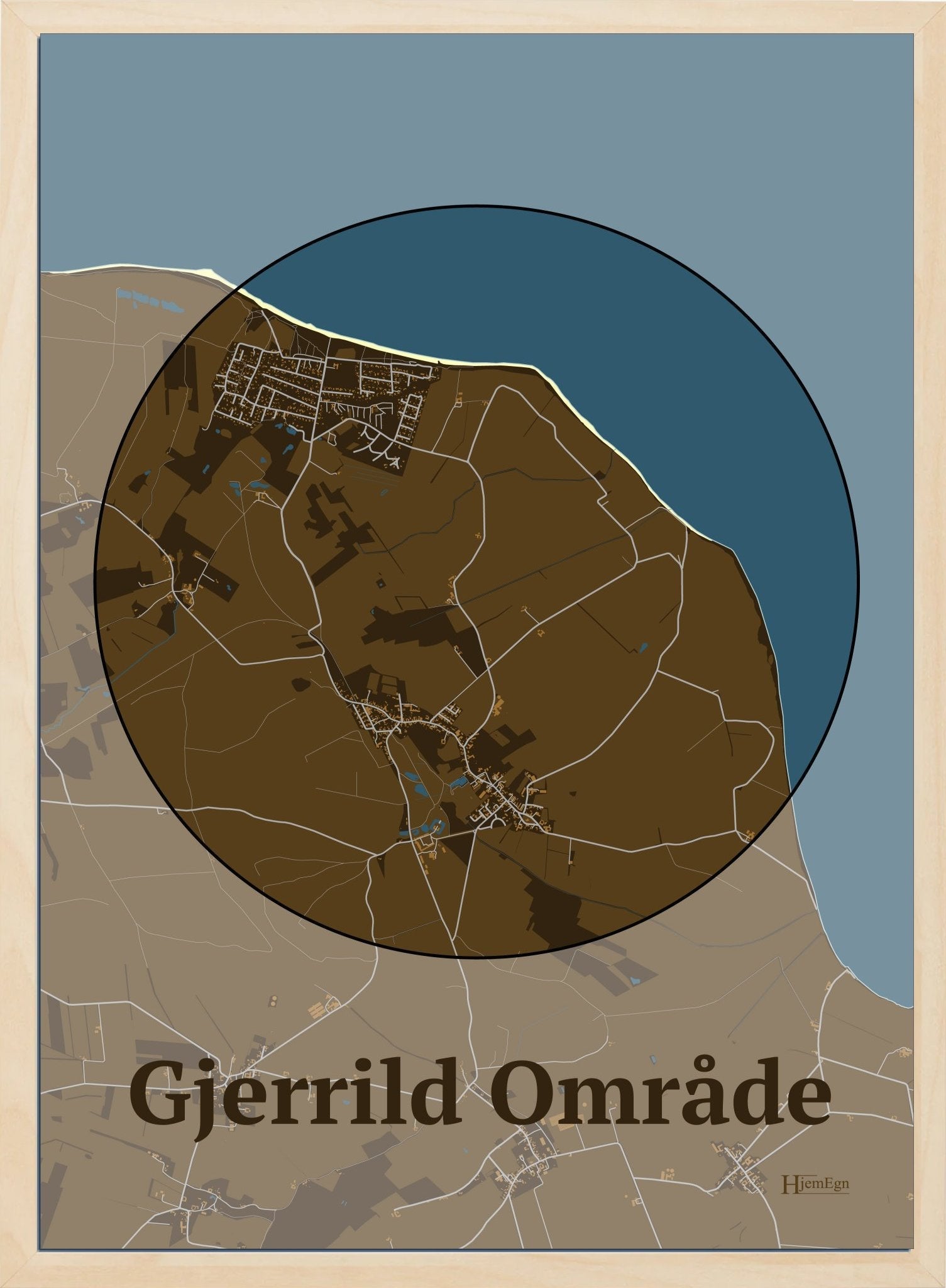Gjerrild Område plakat i farve mørk brun og HjemEgn.dk design centrum. Design bykort for Gjerrild Område