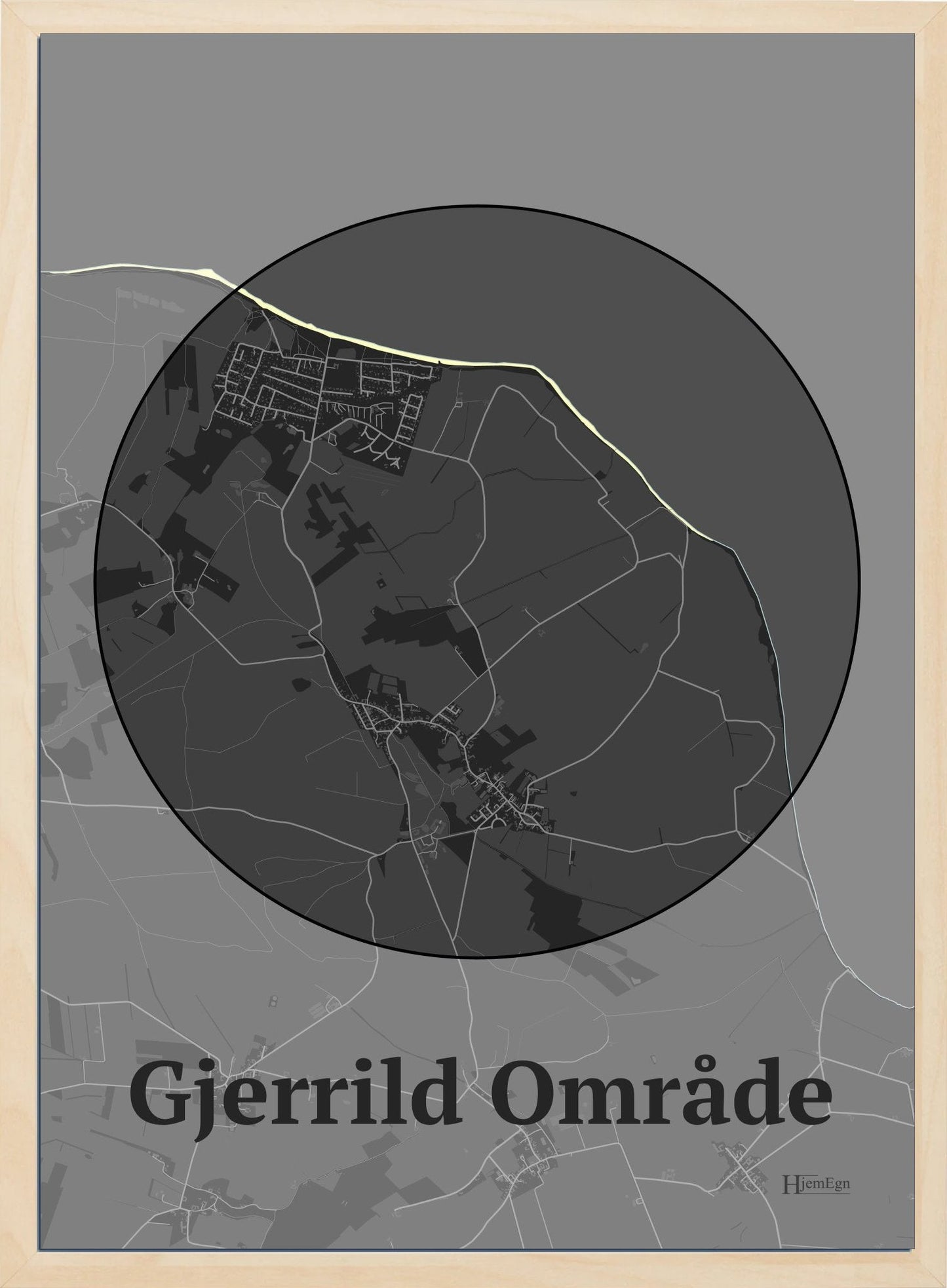 Gjerrild Område plakat i farve mørk grå og HjemEgn.dk design centrum. Design bykort for Gjerrild Område