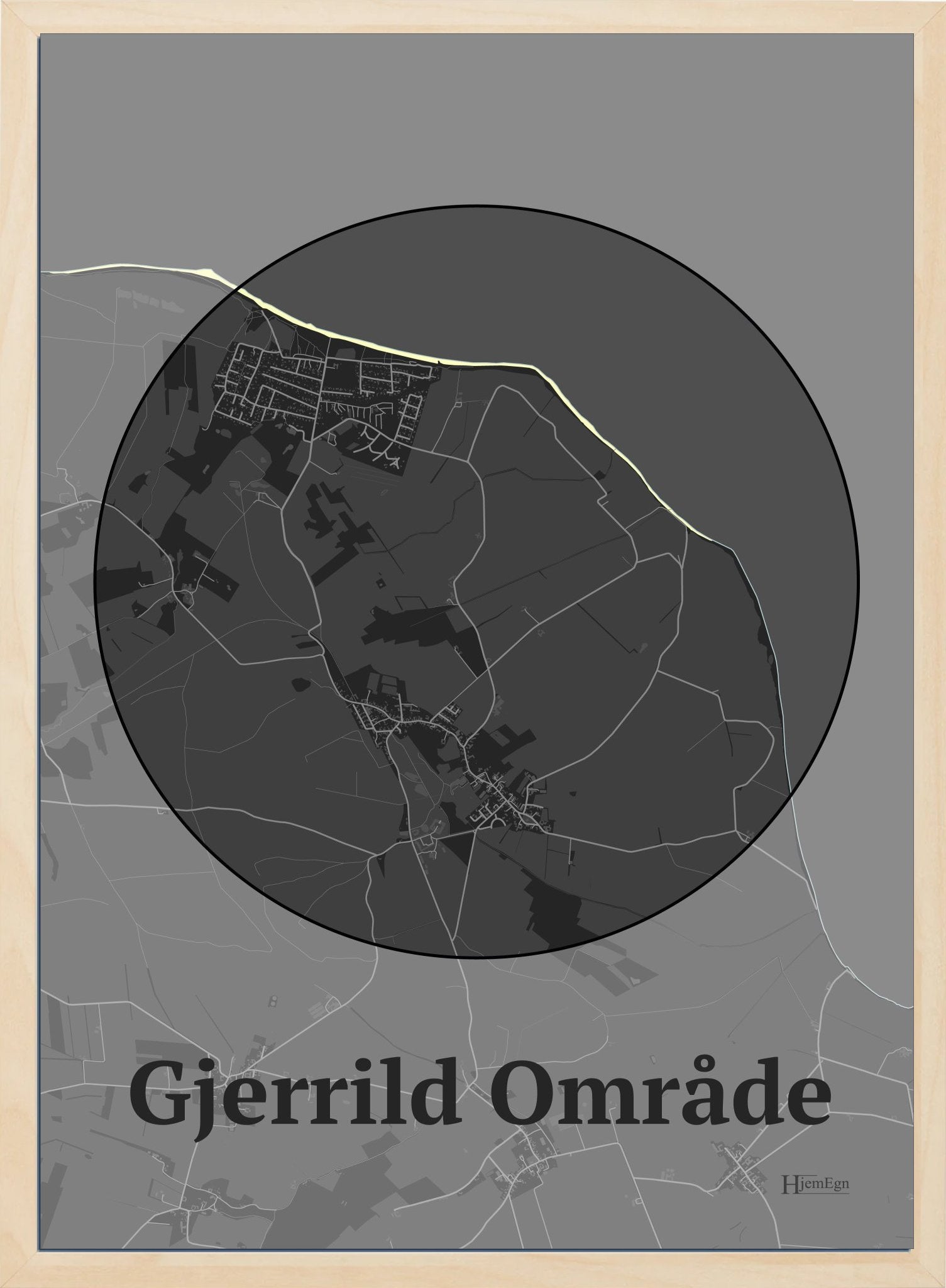 Gjerrild Område plakat i farve mørk grå og HjemEgn.dk design centrum. Design bykort for Gjerrild Område