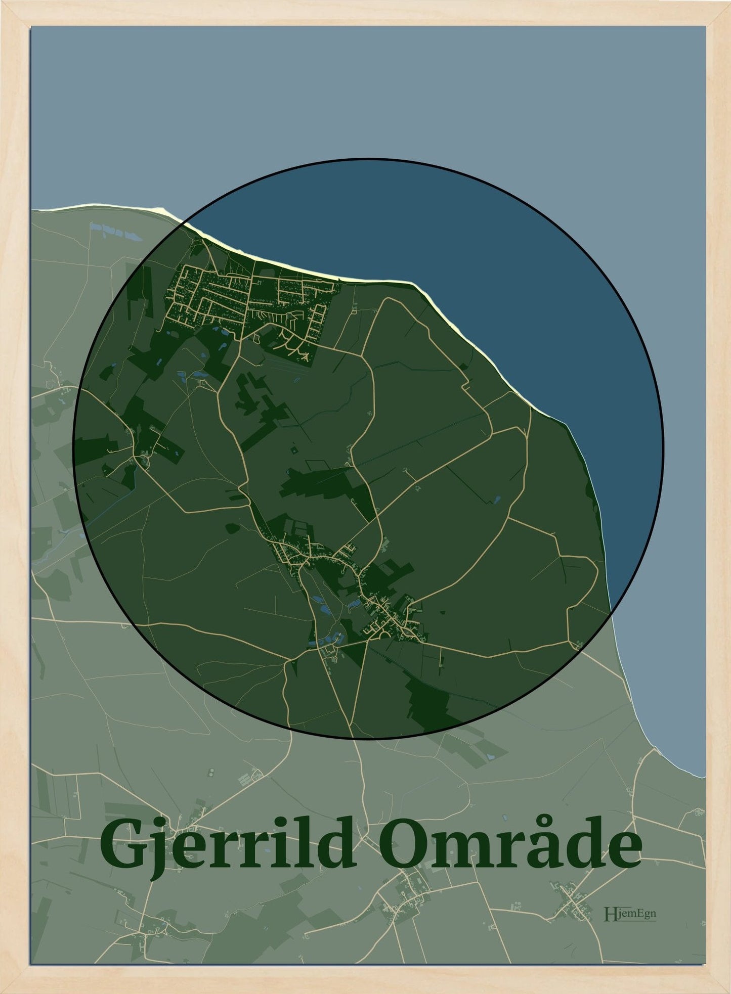 Gjerrild Område plakat i farve mørk grøn og HjemEgn.dk design centrum. Design bykort for Gjerrild Område