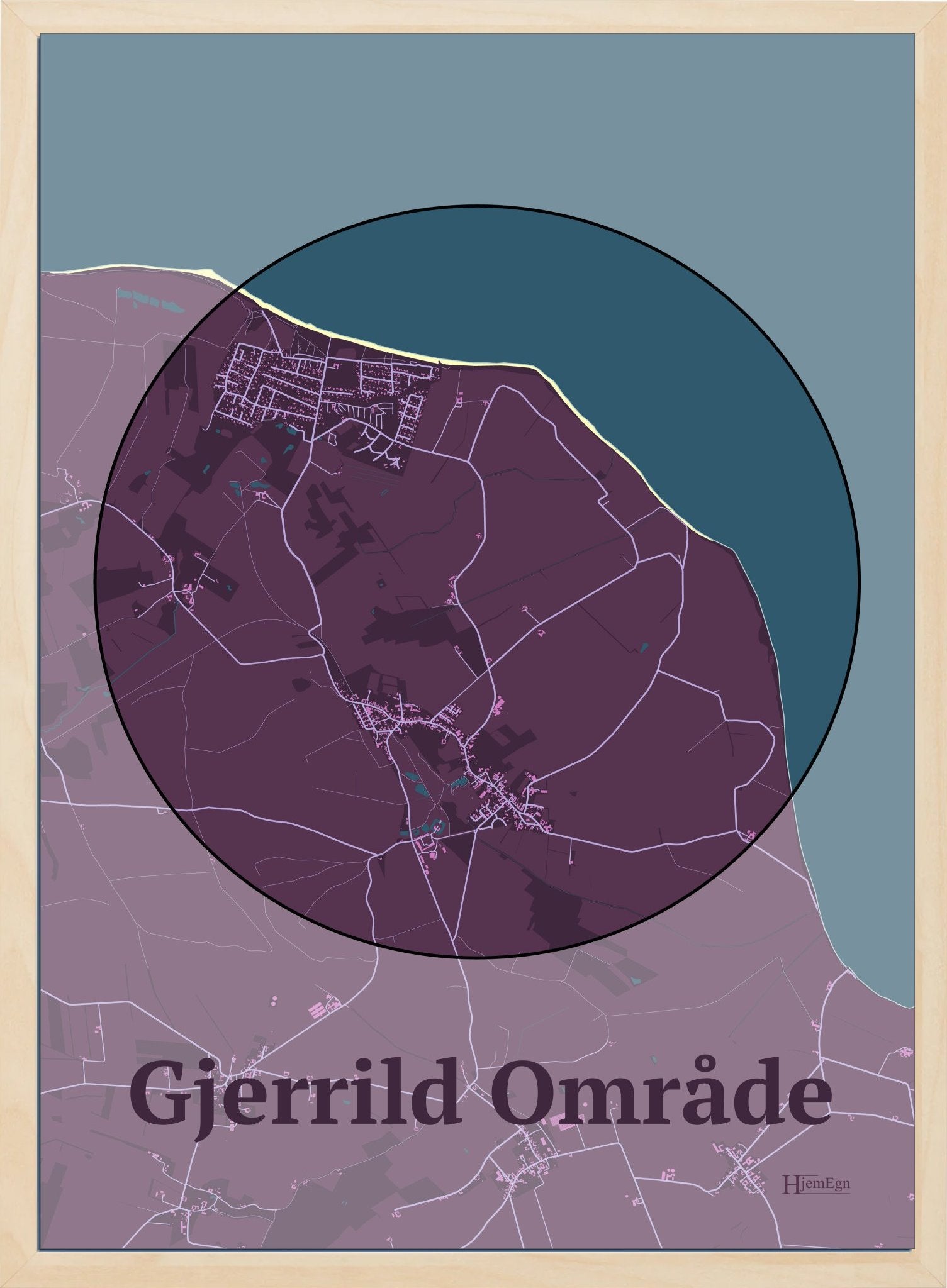 Gjerrild Område plakat i farve mørk rød og HjemEgn.dk design centrum. Design bykort for Gjerrild Område
