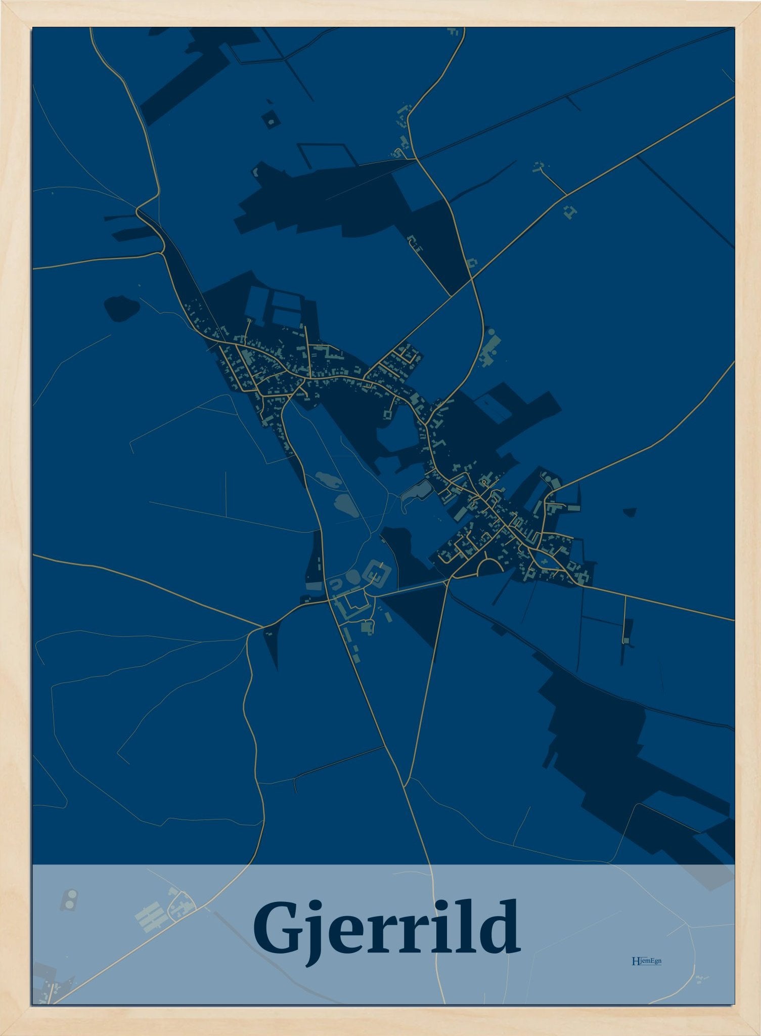 Gjerrild plakat i farve mørk blå og HjemEgn.dk design firkantet. Design bykort for Gjerrild