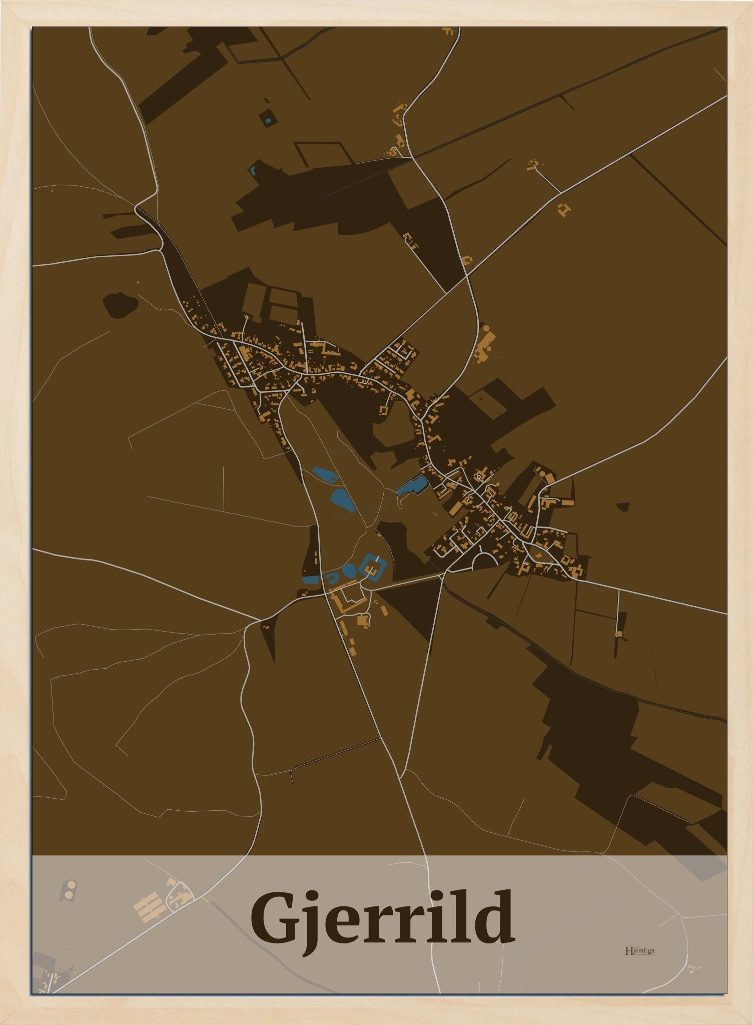 Gjerrild plakat i farve mørk brun og HjemEgn.dk design firkantet. Design bykort for Gjerrild