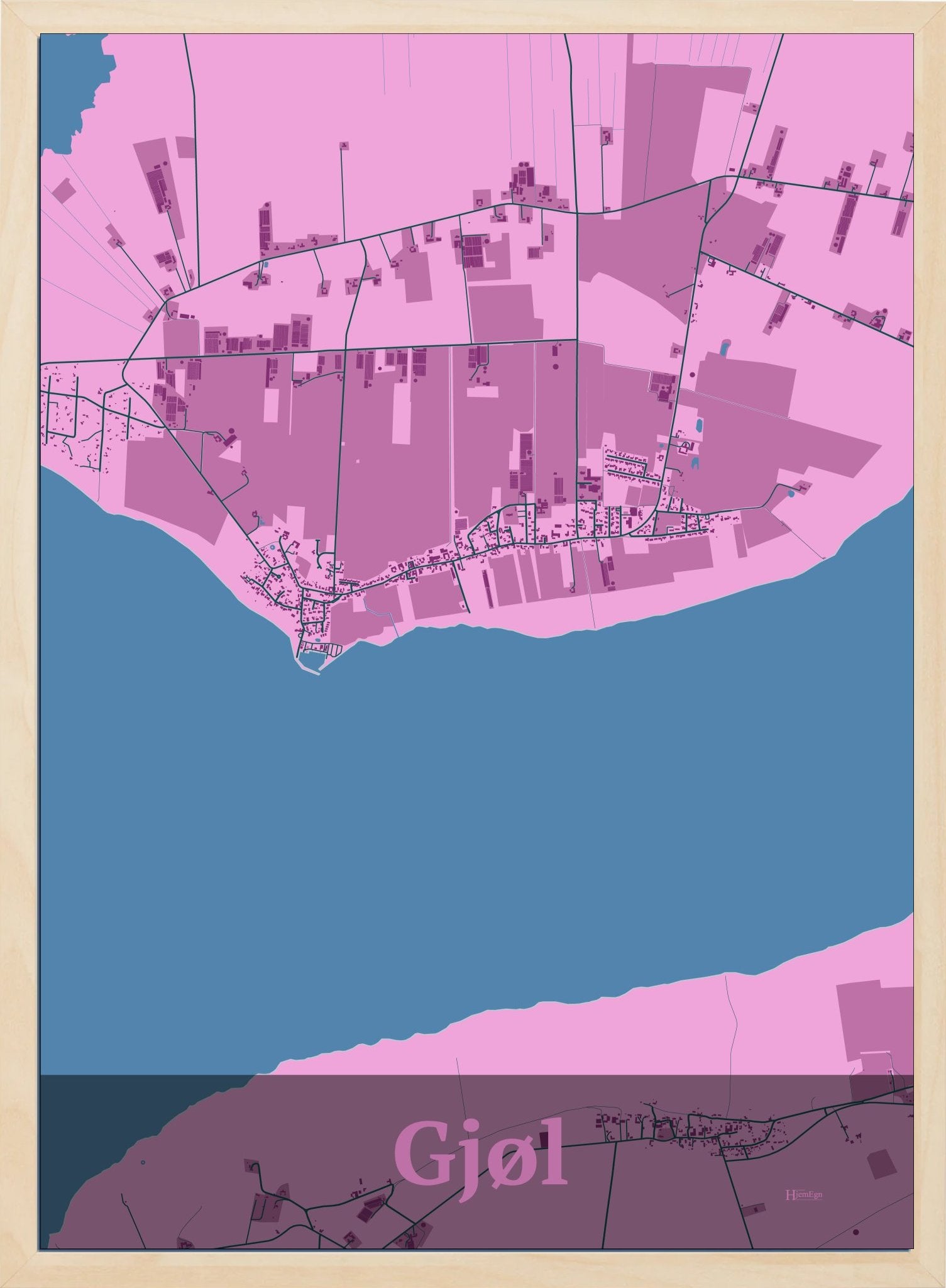 Gjøl plakat i  pastel rød og HjemEgn.dk design firkantet. Design bykort for Gjøl