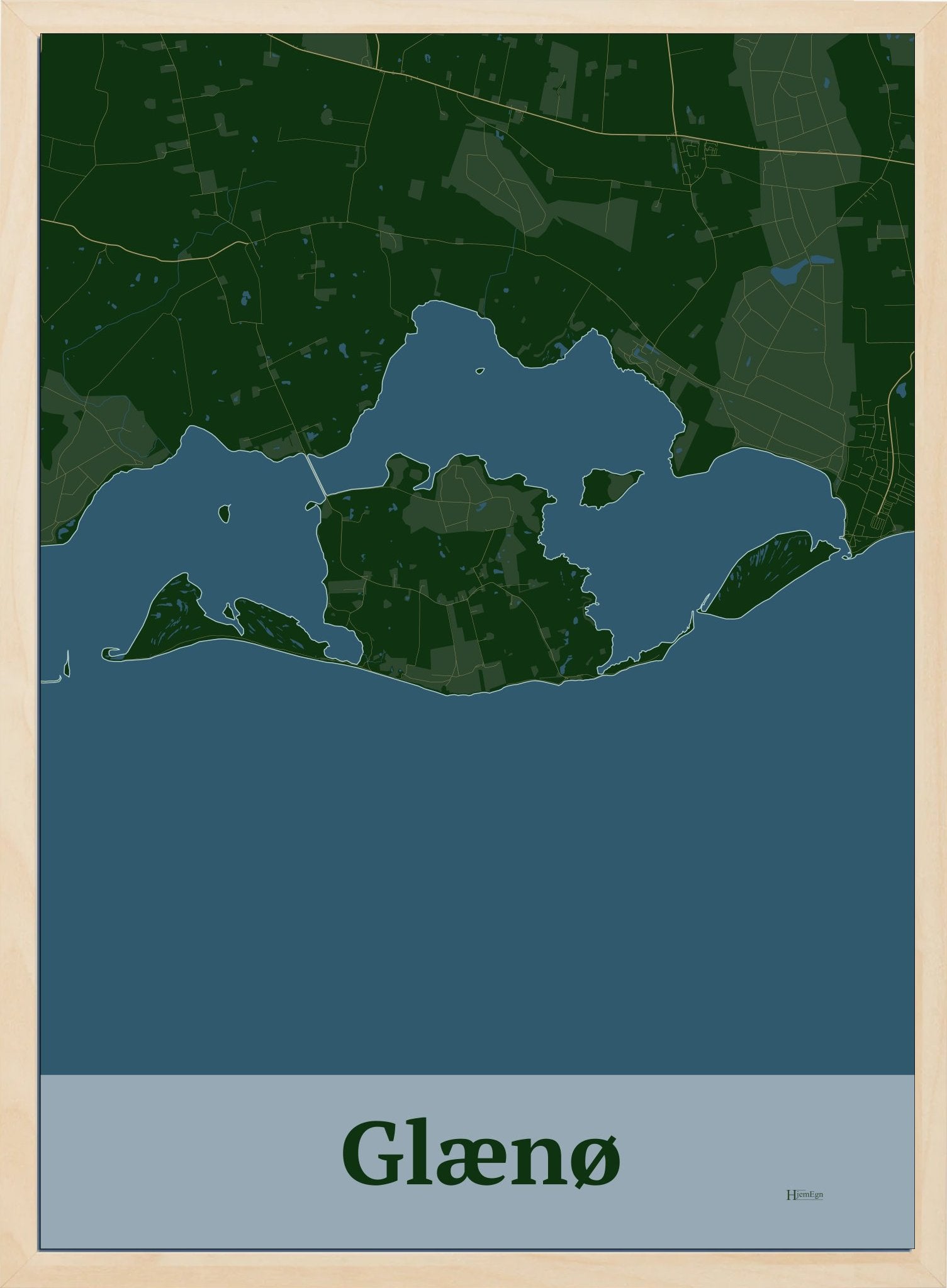 Glænø plakat i farve mørk grøn og HjemEgn.dk design firkantet. Design ø-kort for Glænø