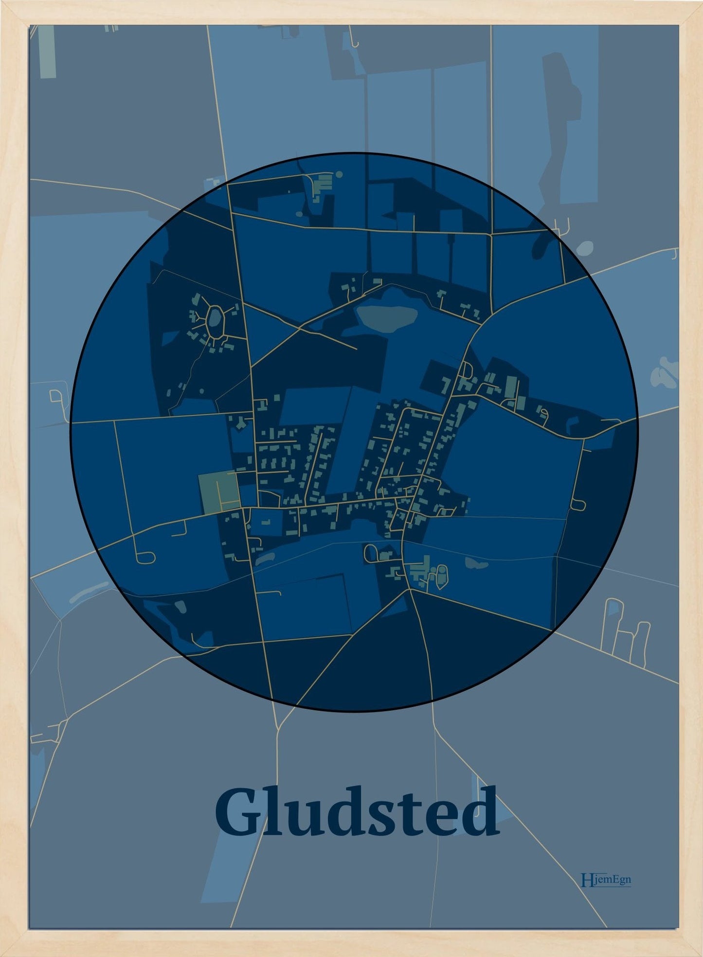 Gludsted plakat i farve mørk blå og HjemEgn.dk design centrum. Design bykort for Gludsted