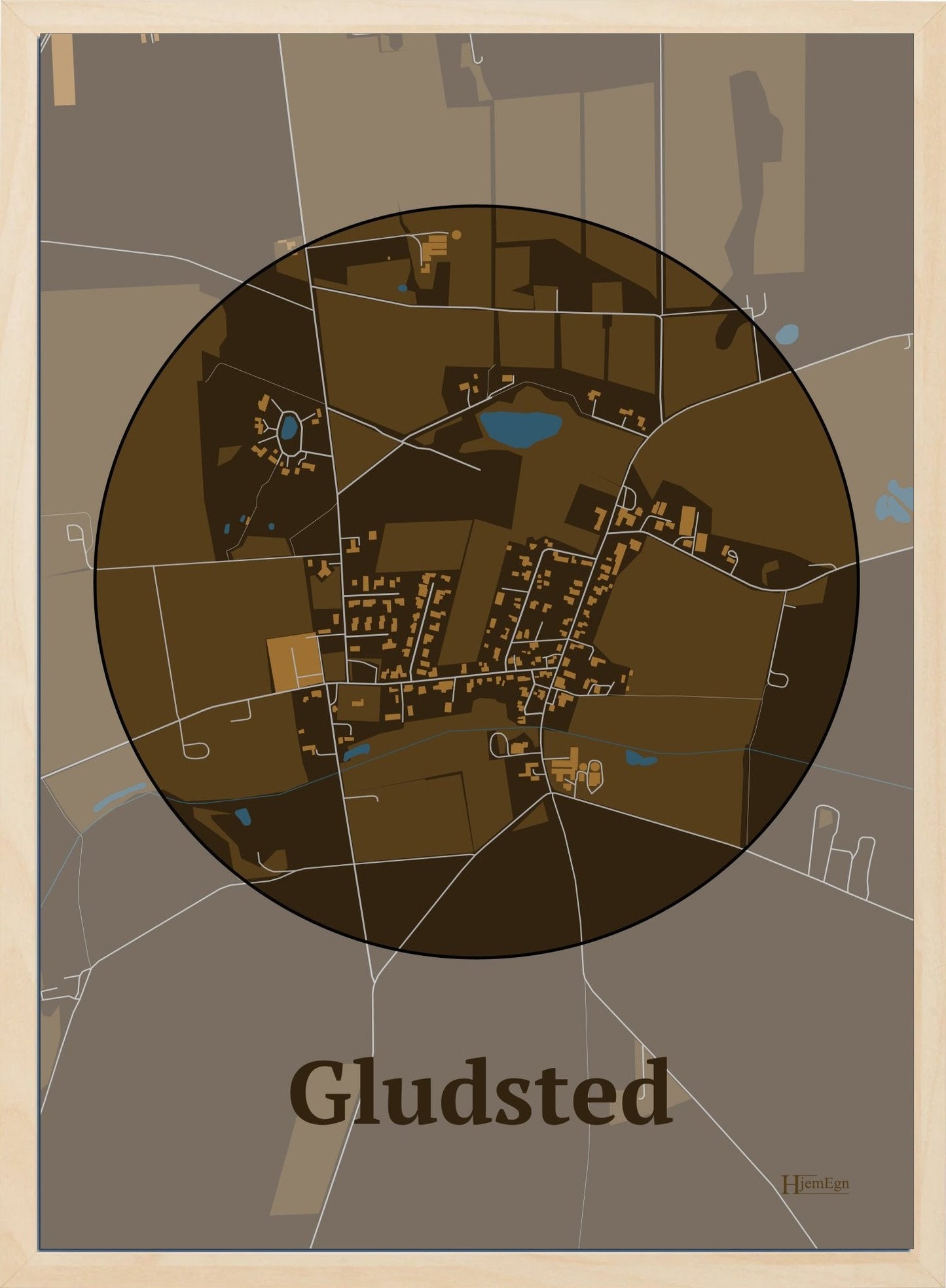 Gludsted plakat i farve mørk brun og HjemEgn.dk design centrum. Design bykort for Gludsted
