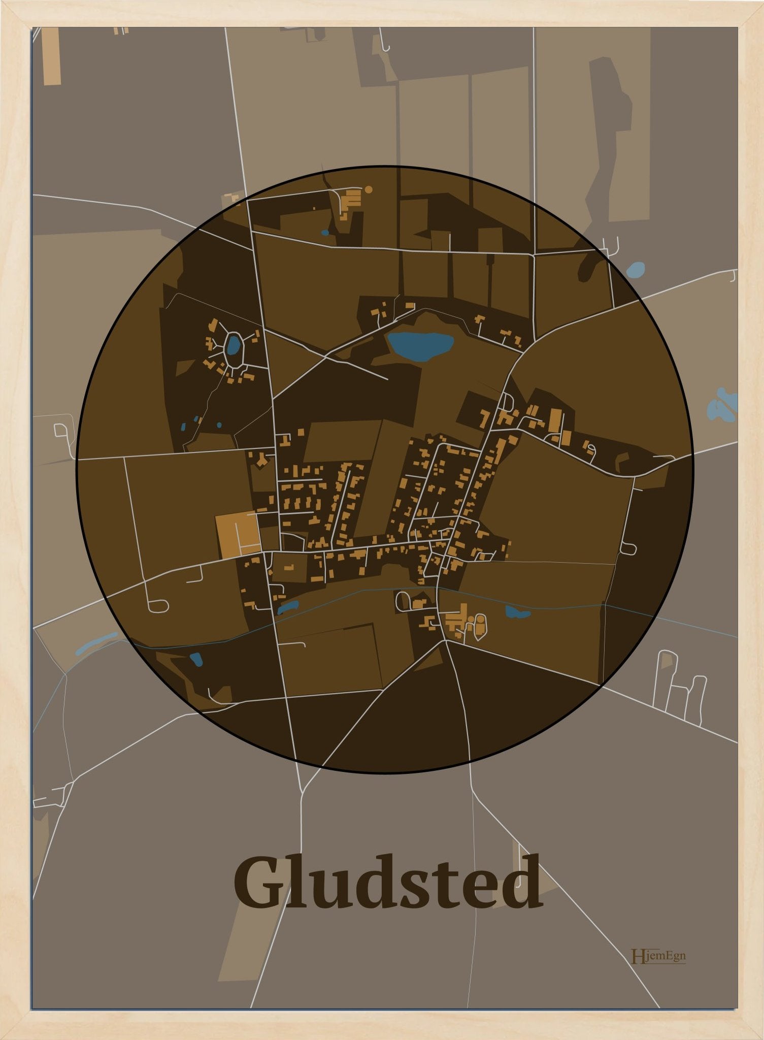 Gludsted plakat i farve mørk brun og HjemEgn.dk design centrum. Design bykort for Gludsted