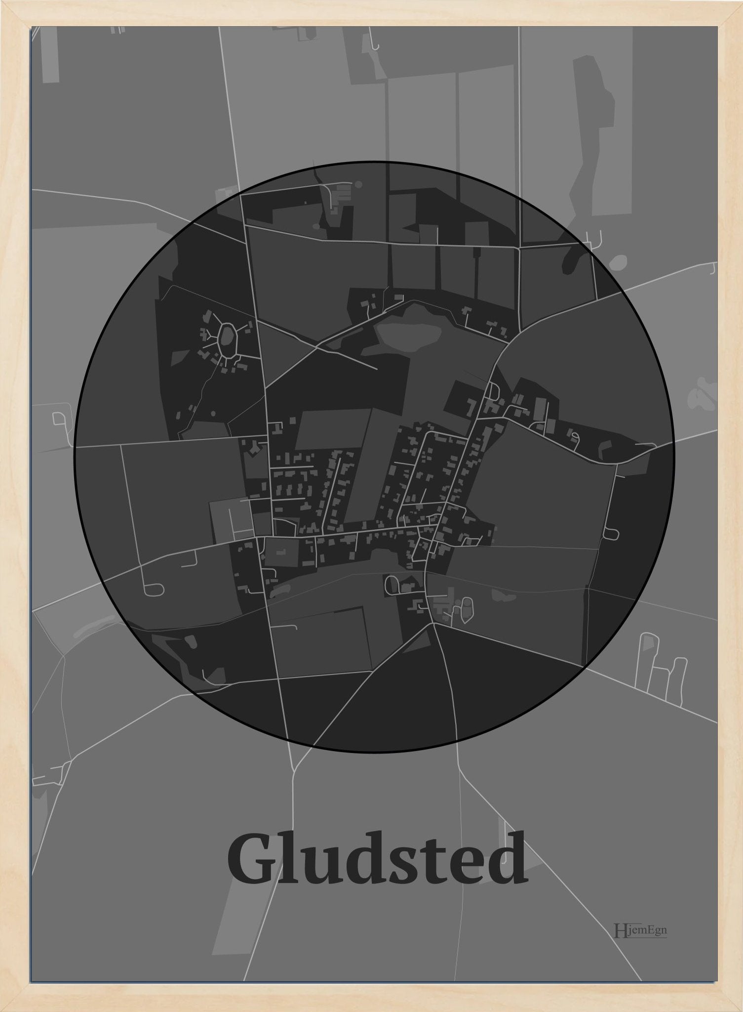 Gludsted plakat i farve mørk grå og HjemEgn.dk design centrum. Design bykort for Gludsted