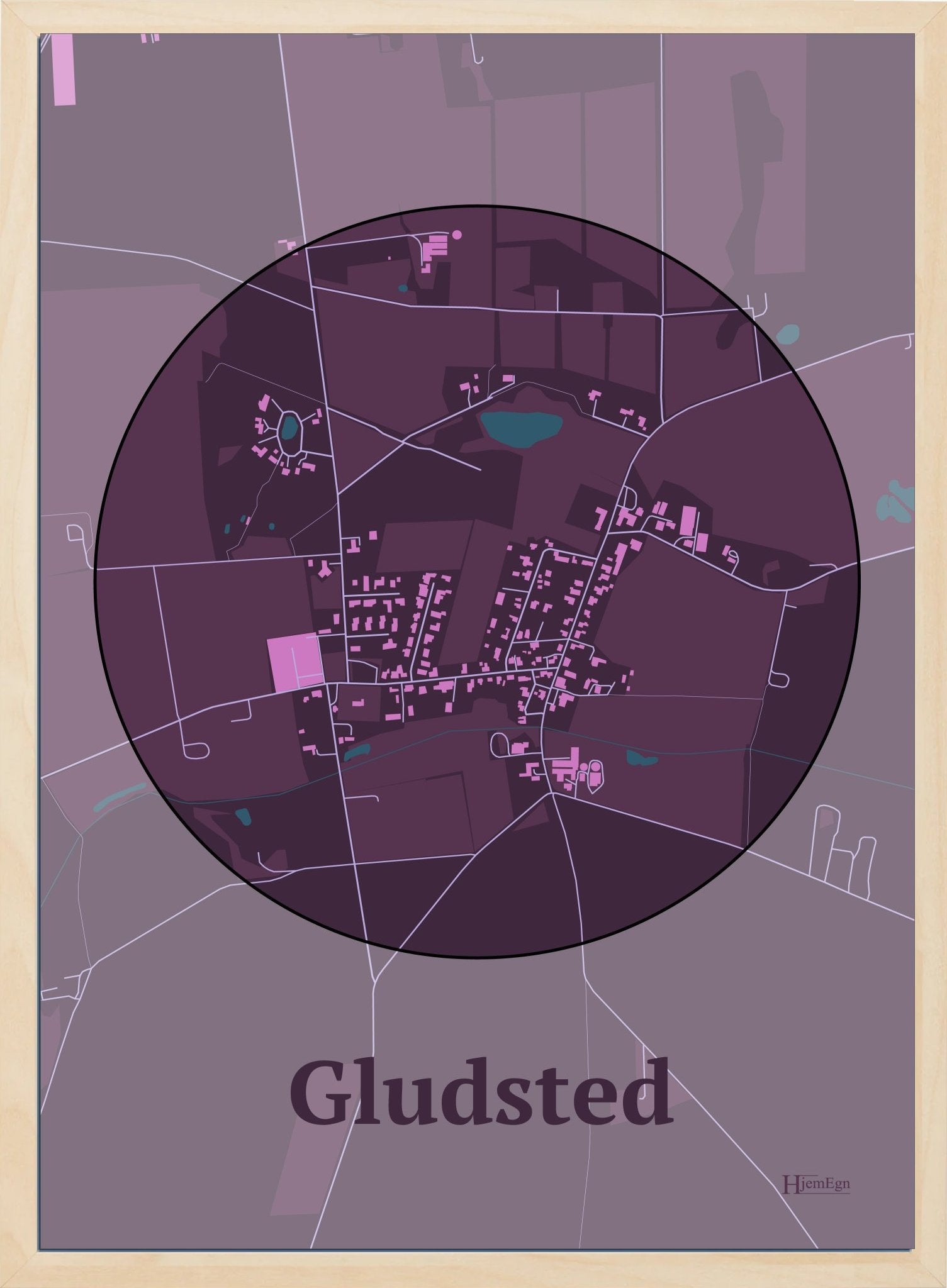 Gludsted plakat i farve mørk rød og HjemEgn.dk design centrum. Design bykort for Gludsted