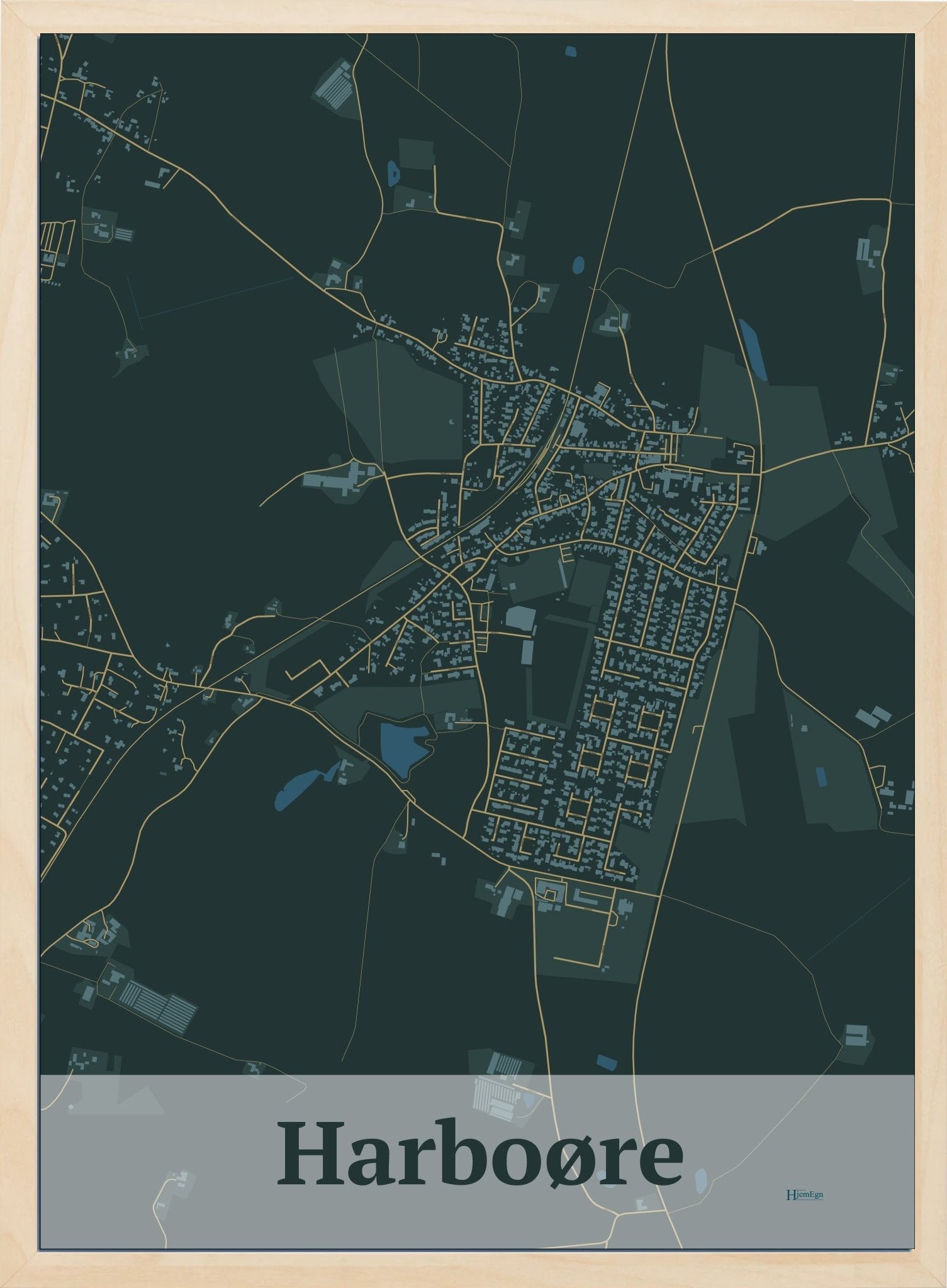 Harboøre plakat i farve mørk grøn og HjemEgn.dk design firkantet. Design bykort for Harboøre