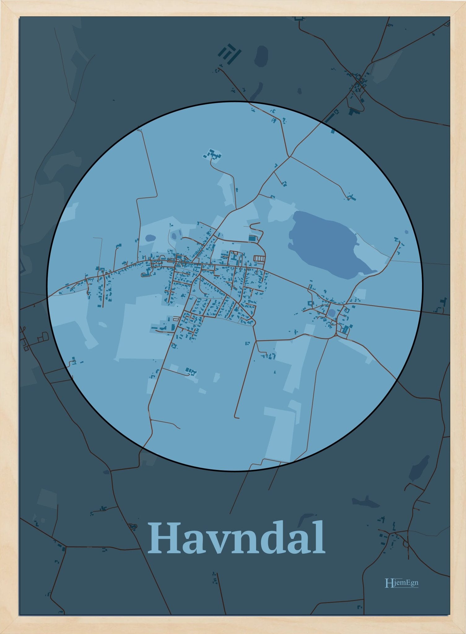 Havndal plakat i farve pastel blå og HjemEgn.dk design centrum. Design bykort for Havndal
