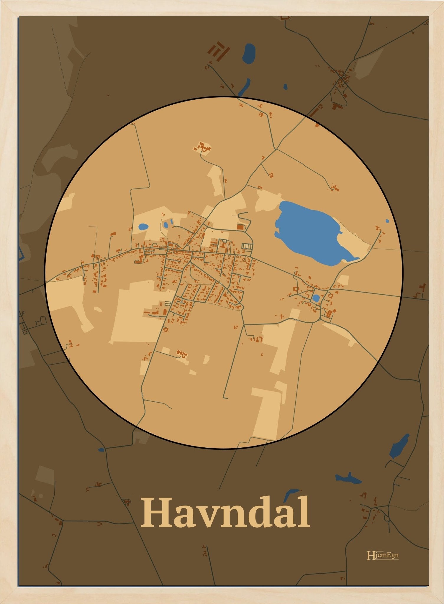 Havndal plakat i farve pastel brun og HjemEgn.dk design centrum. Design bykort for Havndal