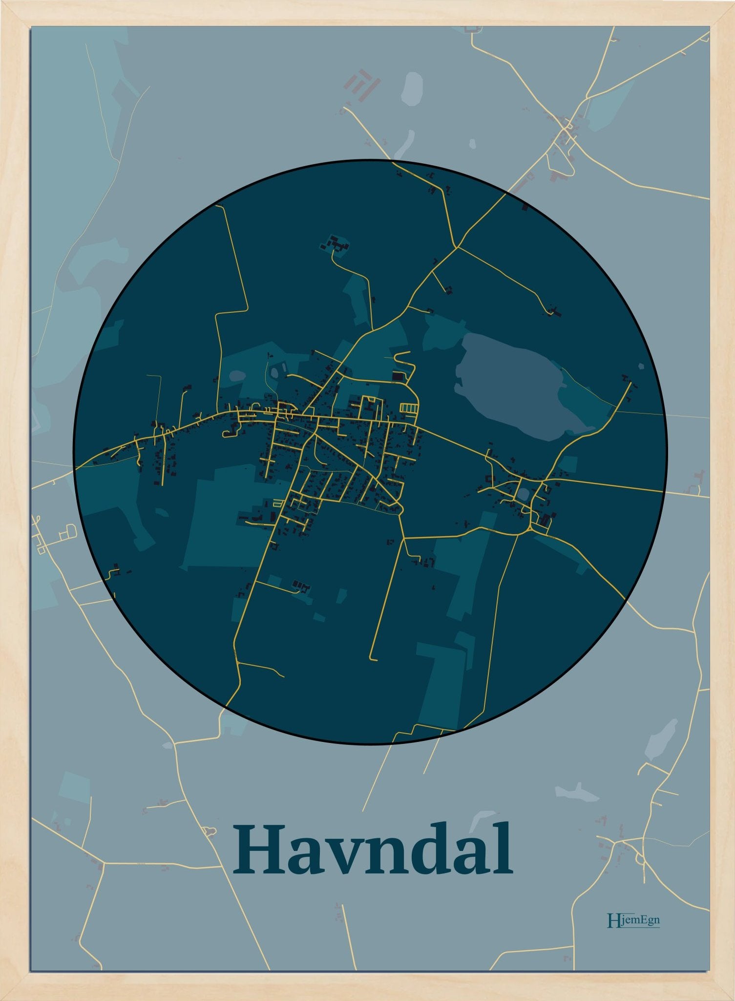 Havndal plakat i farve mørk blå og HjemEgn.dk design centrum. Design bykort for Havndal
