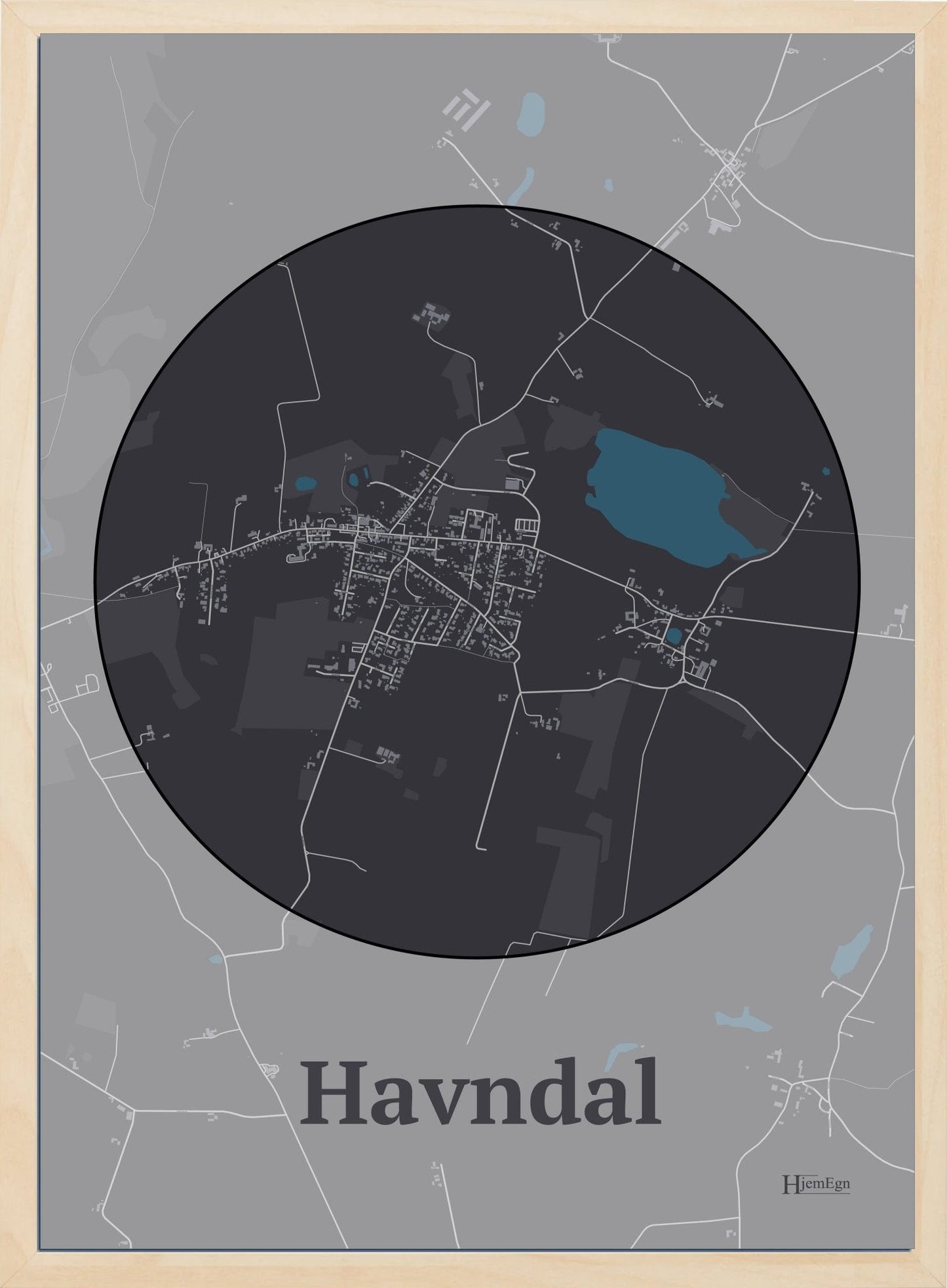 Havndal plakat i farve mørk brun og HjemEgn.dk design centrum. Design bykort for Havndal